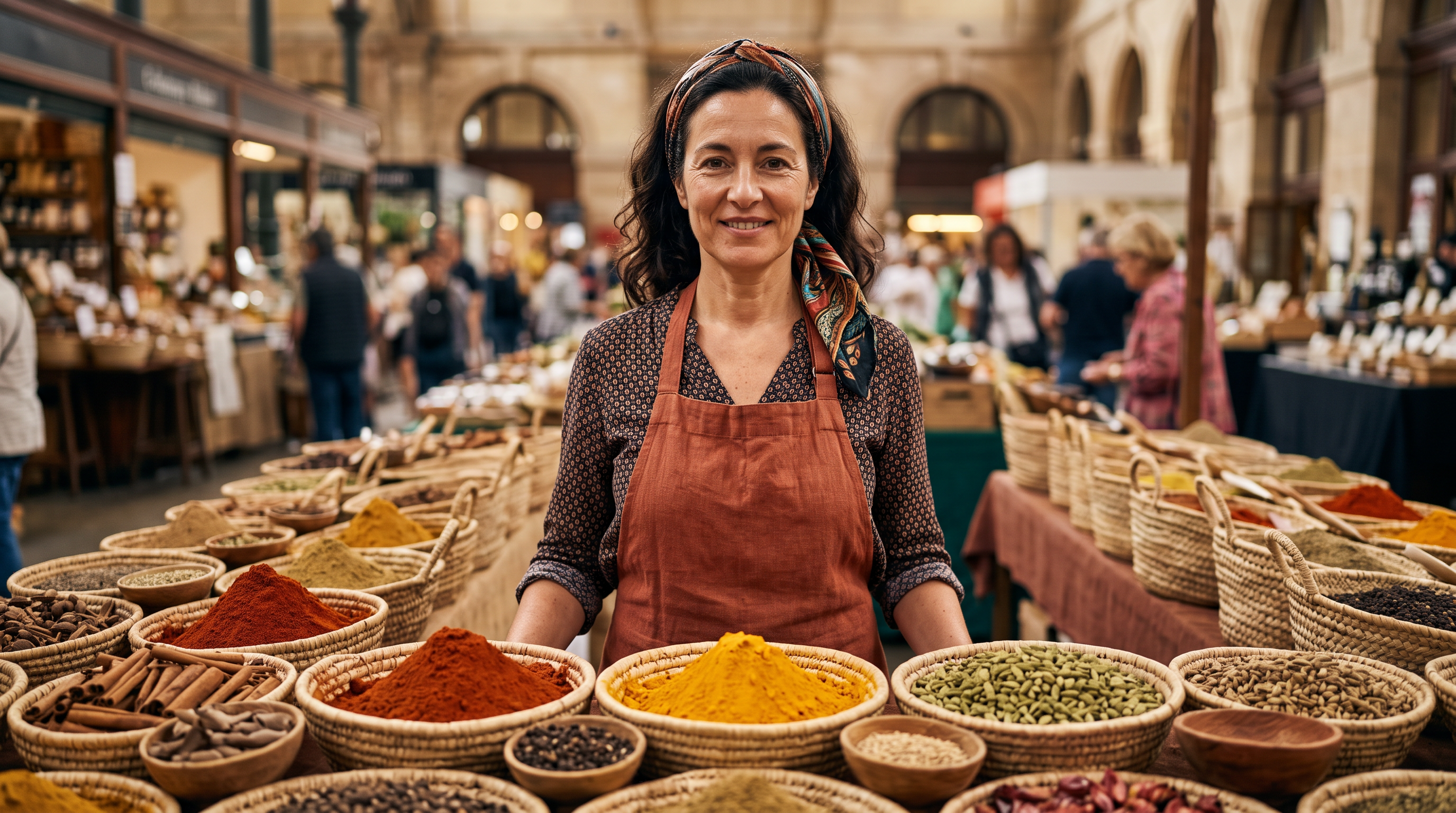 Nano Banana 2.1: a spice merchant in her forties in a rust apron behind baskets of paprika, turmeric and cardamom