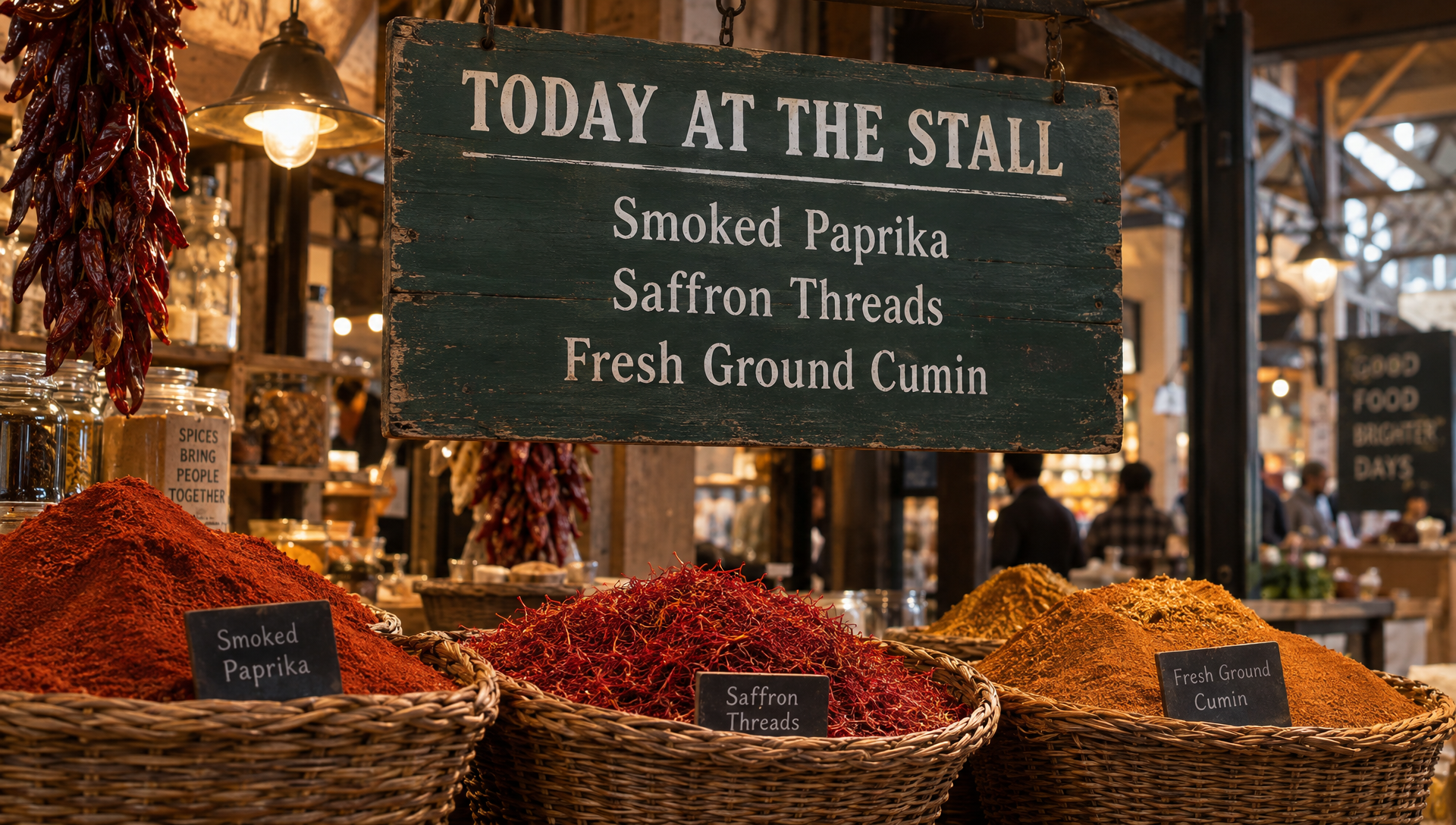 GPT Image 2.5: a painted green market sign reading TODAY AT THE STALL, Smoked Paprika, Saffron Threads, Fresh Ground Cumin