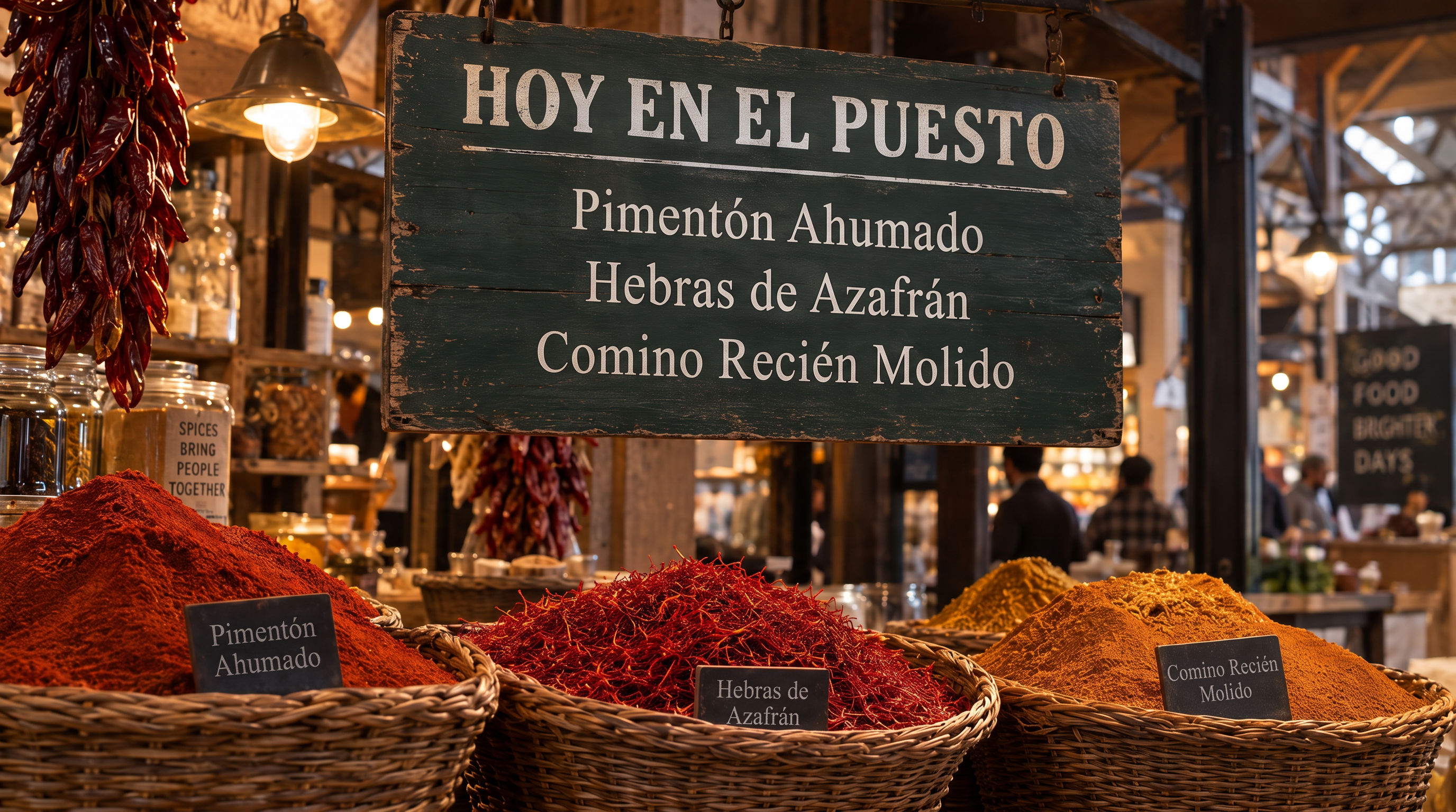Nano Banana 2.1: the same sign rewritten as HOY EN EL PUESTO, Pimentón Ahumado, Hebras de Azafrán, Comino Recién Molido