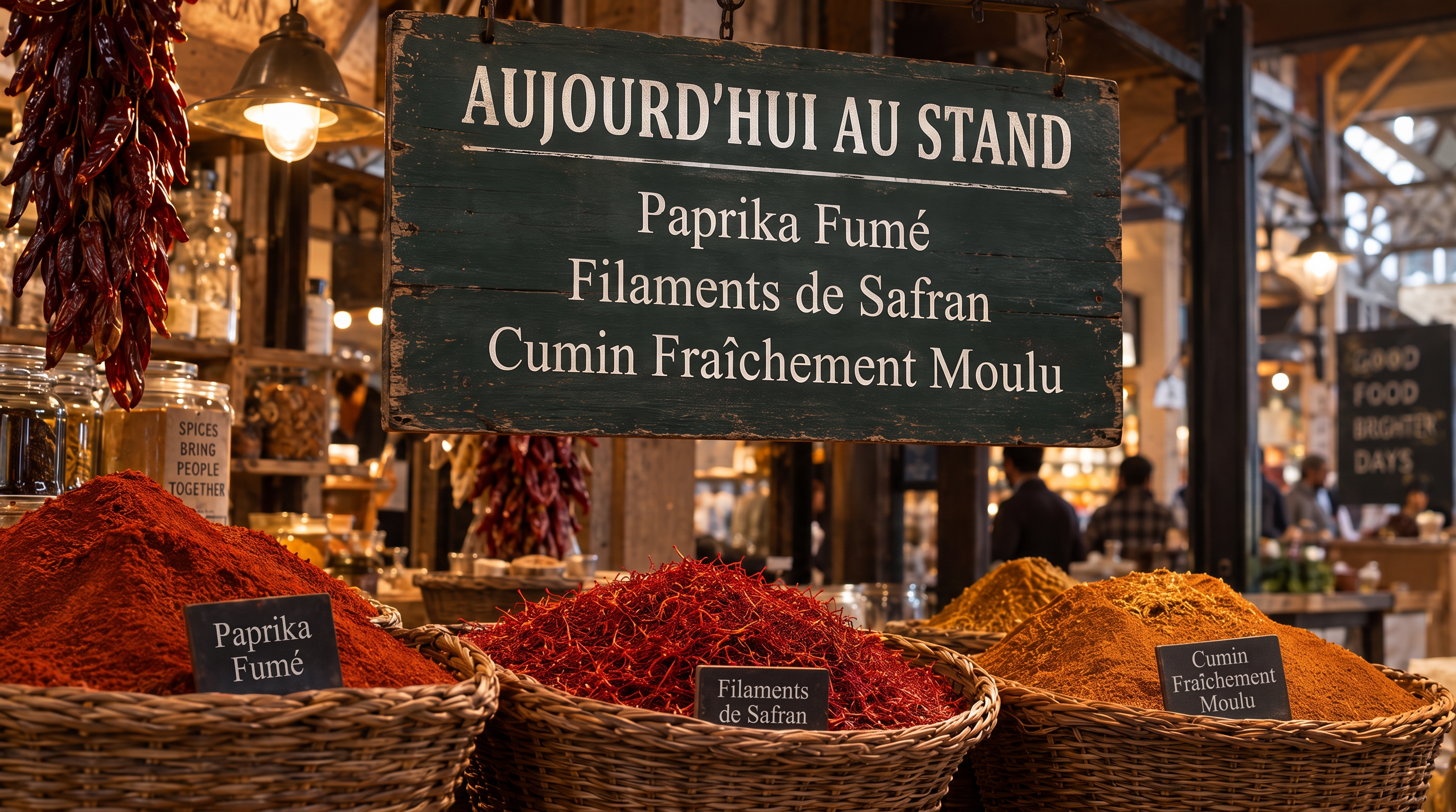 The same market sign rewritten in French: AUJOURD'HUI AU STAND, Paprika Fumé, Filaments de Safran, Cumin Fraîchement Moulu