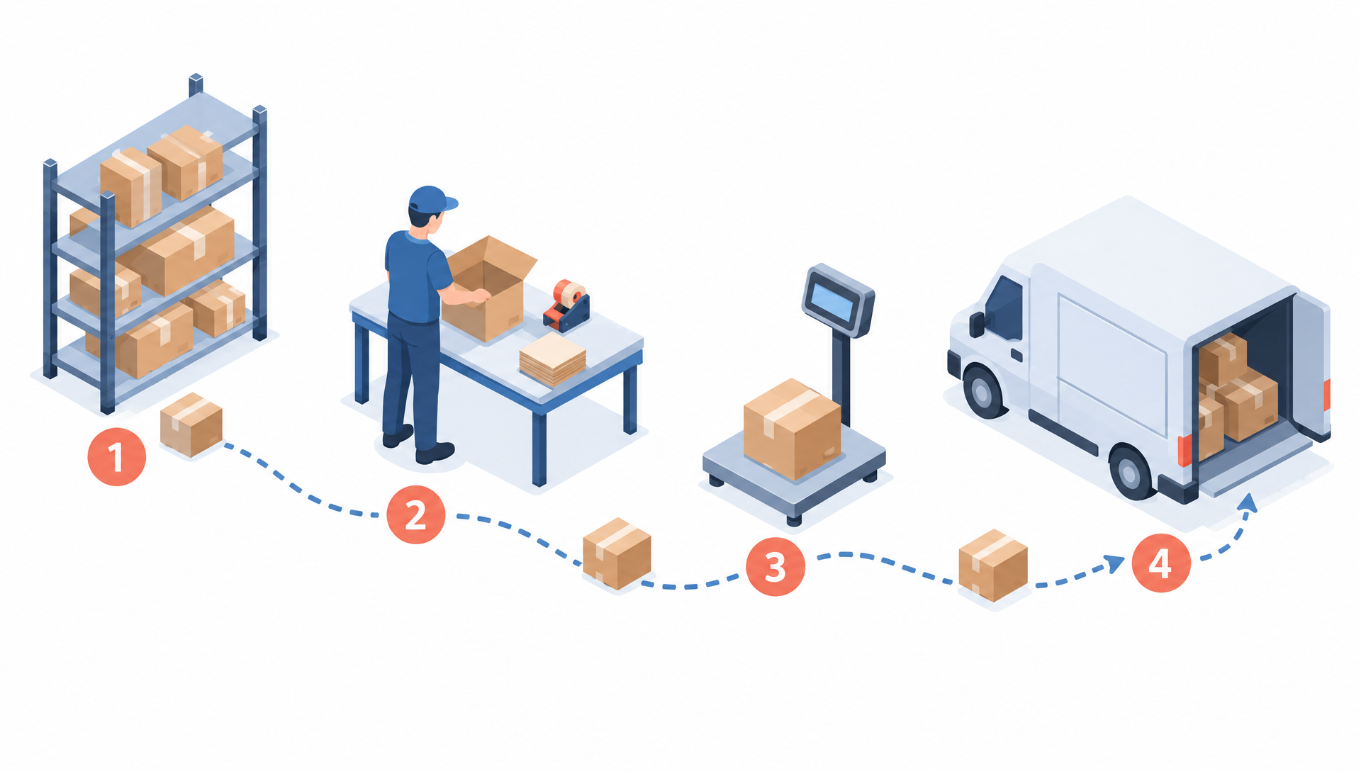 An isometric diagram of a parcel moving from a shelf to a packing table, a scale and a delivery van along numbered steps