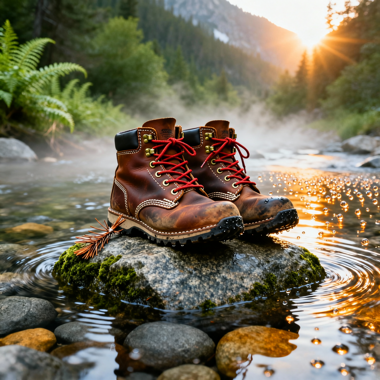 Pair of brown leather hiking boots with red laces on a mossy rock in a mountain stream, water drops glowing in the sunrise and a pine forest behind
