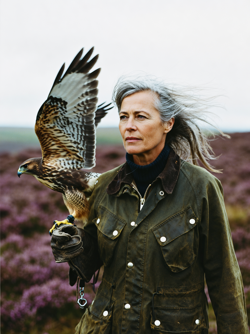 Woman in her fifties with windswept grey hair and a waxed olive jacket, a hawk with raised wings perched on her leather glove, purple heather moor behind her