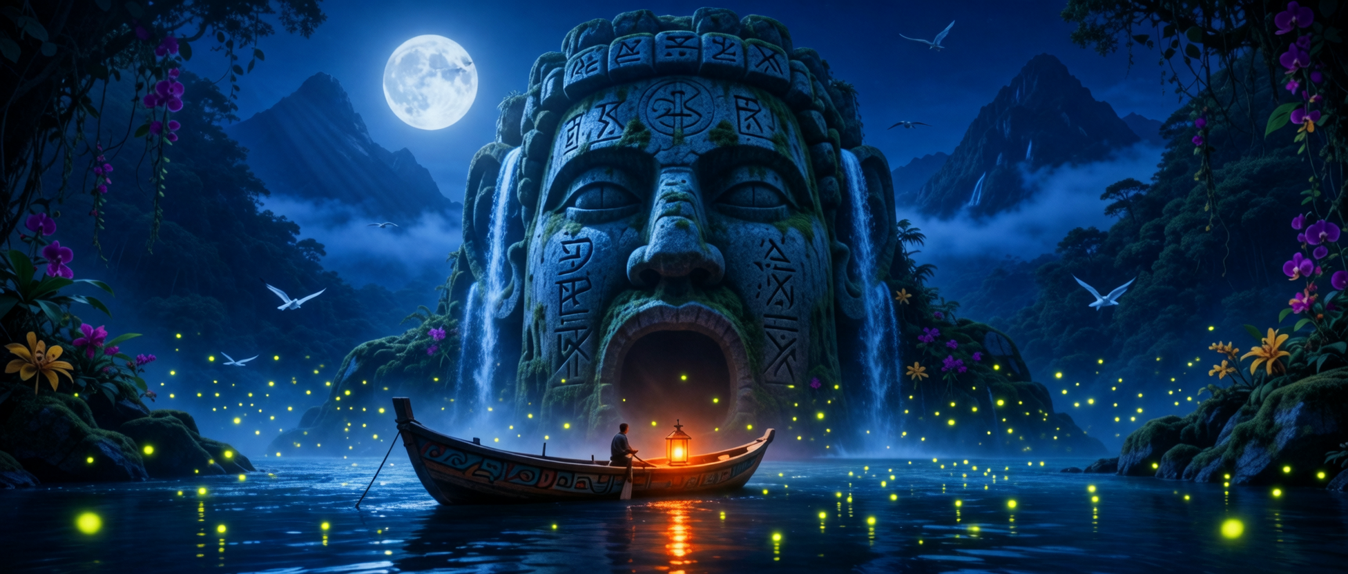 The same stone head, waterfalls and lantern boat as the concept art above, now at night under a full moon with fireflies glowing over the dark river and the orange lantern reflected in the water