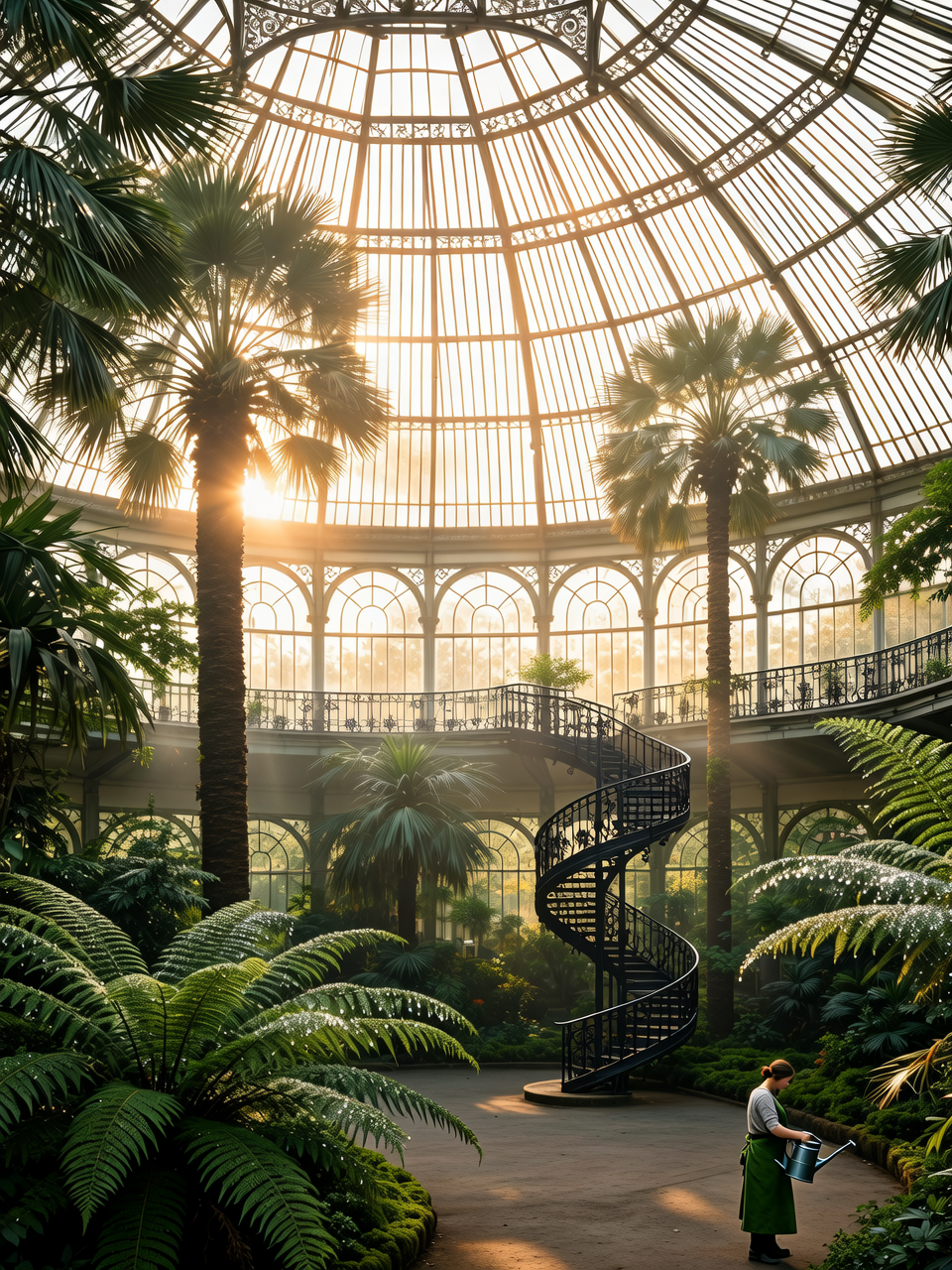 Victorian glass palm house at dawn with a white iron dome, tall palms and tree ferns, a black spiral staircase rising to a gallery and a gardener in a green apron watering ferns