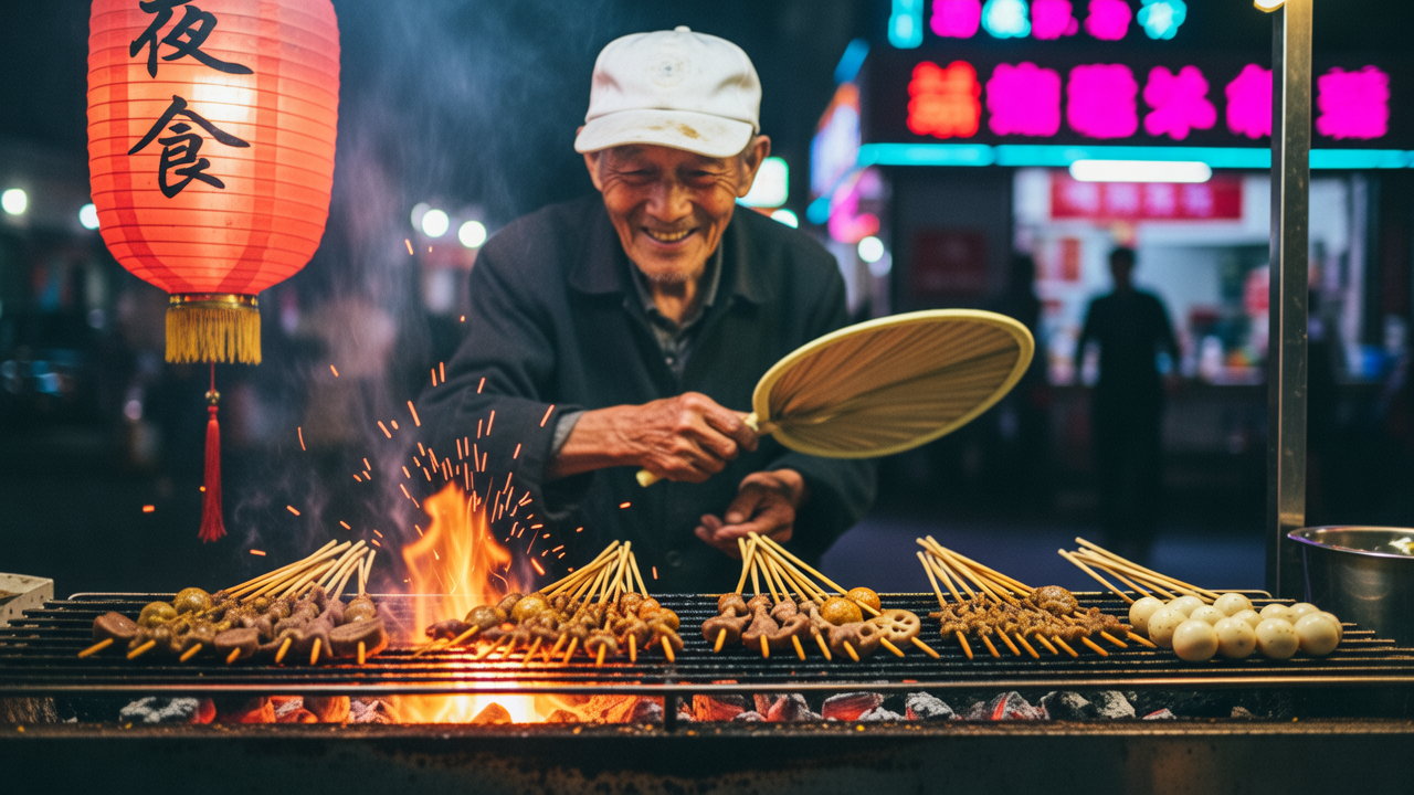 Smiling older street vendor in a white cap fanning a charcoal grill of skewers at a night market, sparks flying, a red paper lantern and pink neon glowing behind him
