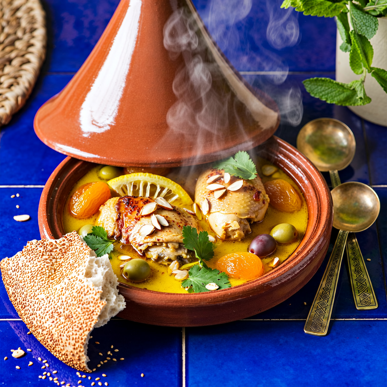 Clay tagine with its cone lid lifted and steam rising over chicken, apricots, olives, almonds and lemon in a saffron sauce, with sesame bread and brass spoons on deep blue tiles