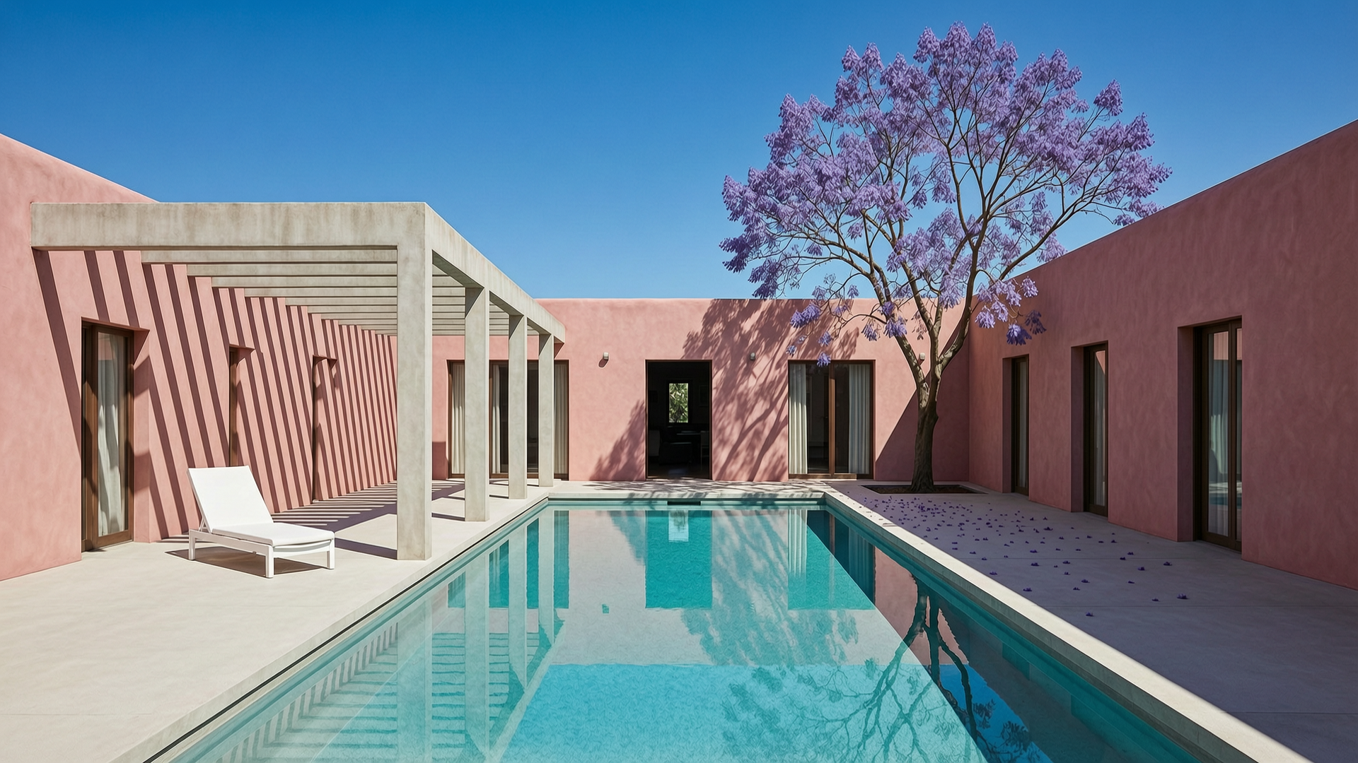Courtyard house with rose pink stucco walls and a turquoise lap pool, a purple jacaranda tree, striped shadows from a concrete pergola and a white lounge chair under a deep blue sky