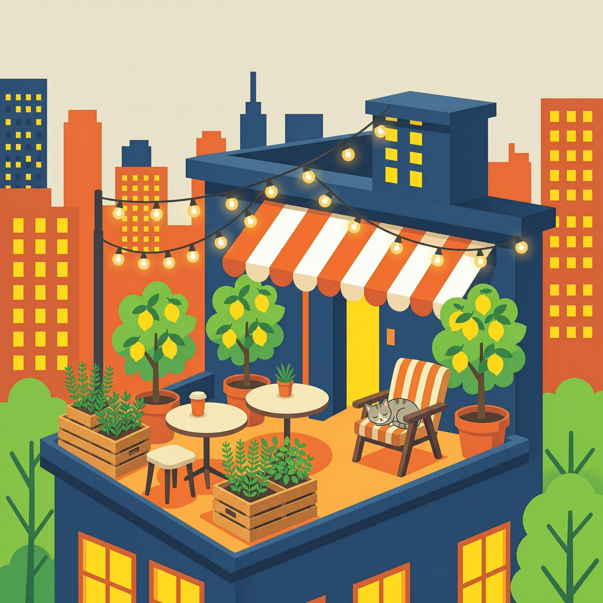 Flat vector illustration of a rooftop garden cafe with string lights, a striped awning, potted lemon trees, herb crates and a sleeping cat, in navy, cream, vermilion, leaf green and sunflower yellow against a city skyline