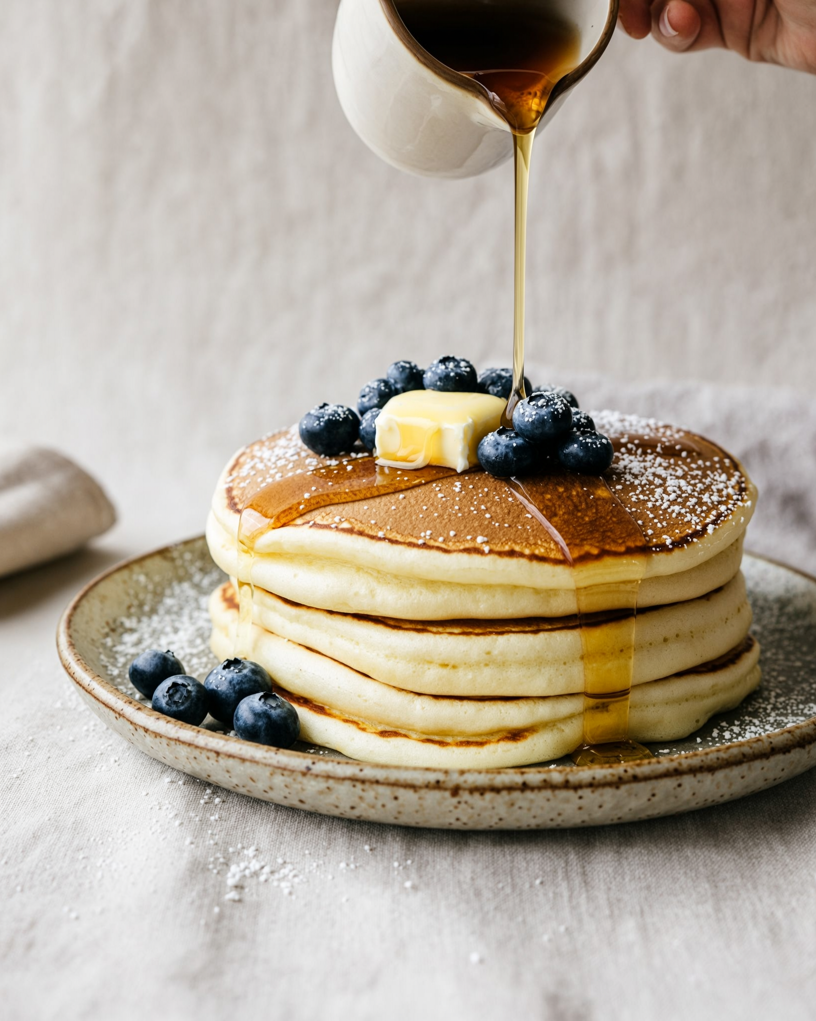 A stack of three fluffy souffle pancakes with blueberries, a melting pat of butter and powdered sugar on a speckled plate, maple syrup pouring from a white jug onto the top