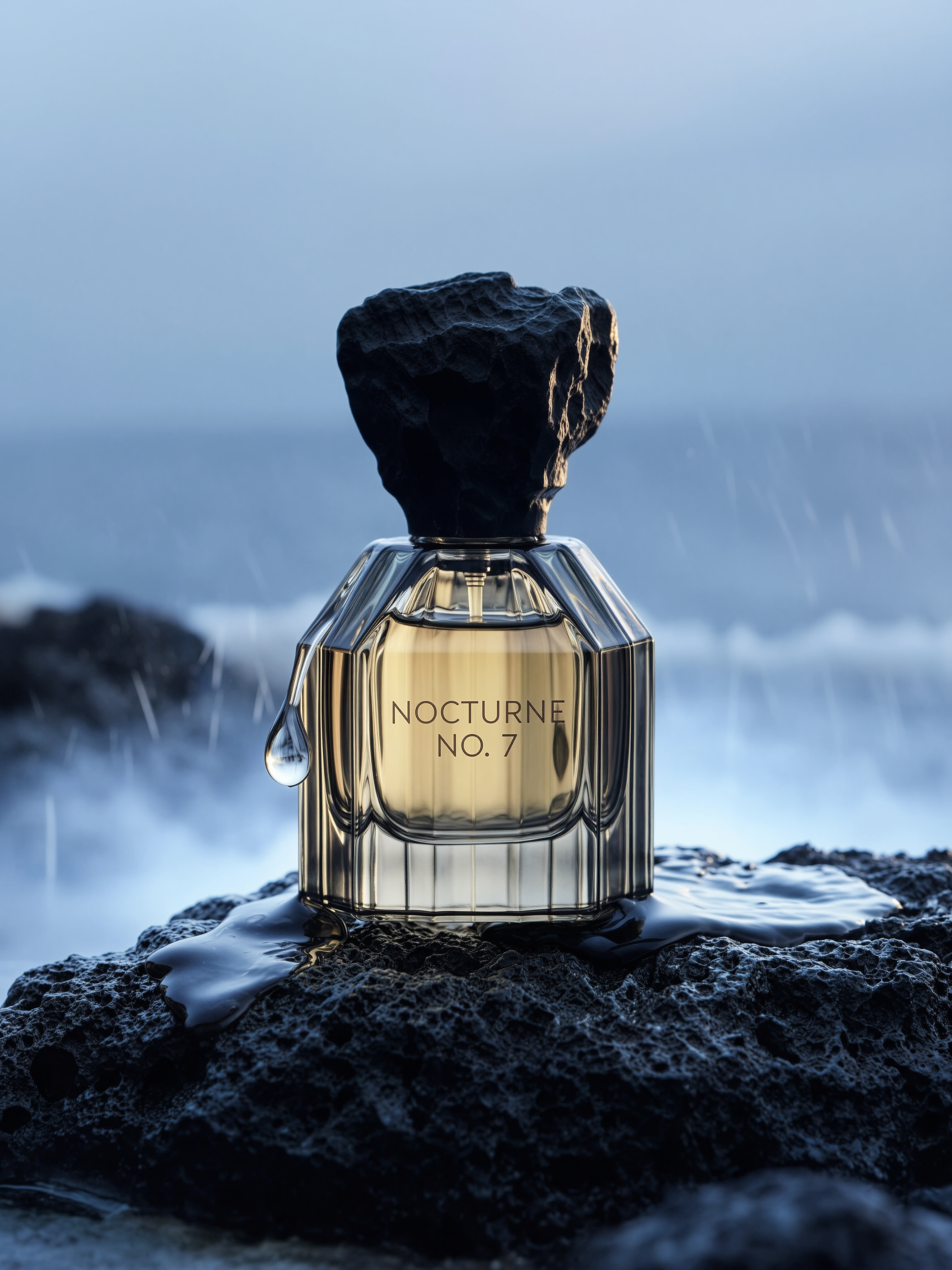 Faceted smoky glass perfume bottle etched NOCTURNE NO. 7 with a rough black stone cap, standing on wet volcanic rock with a drop of water on the glass and a misty blue sea behind