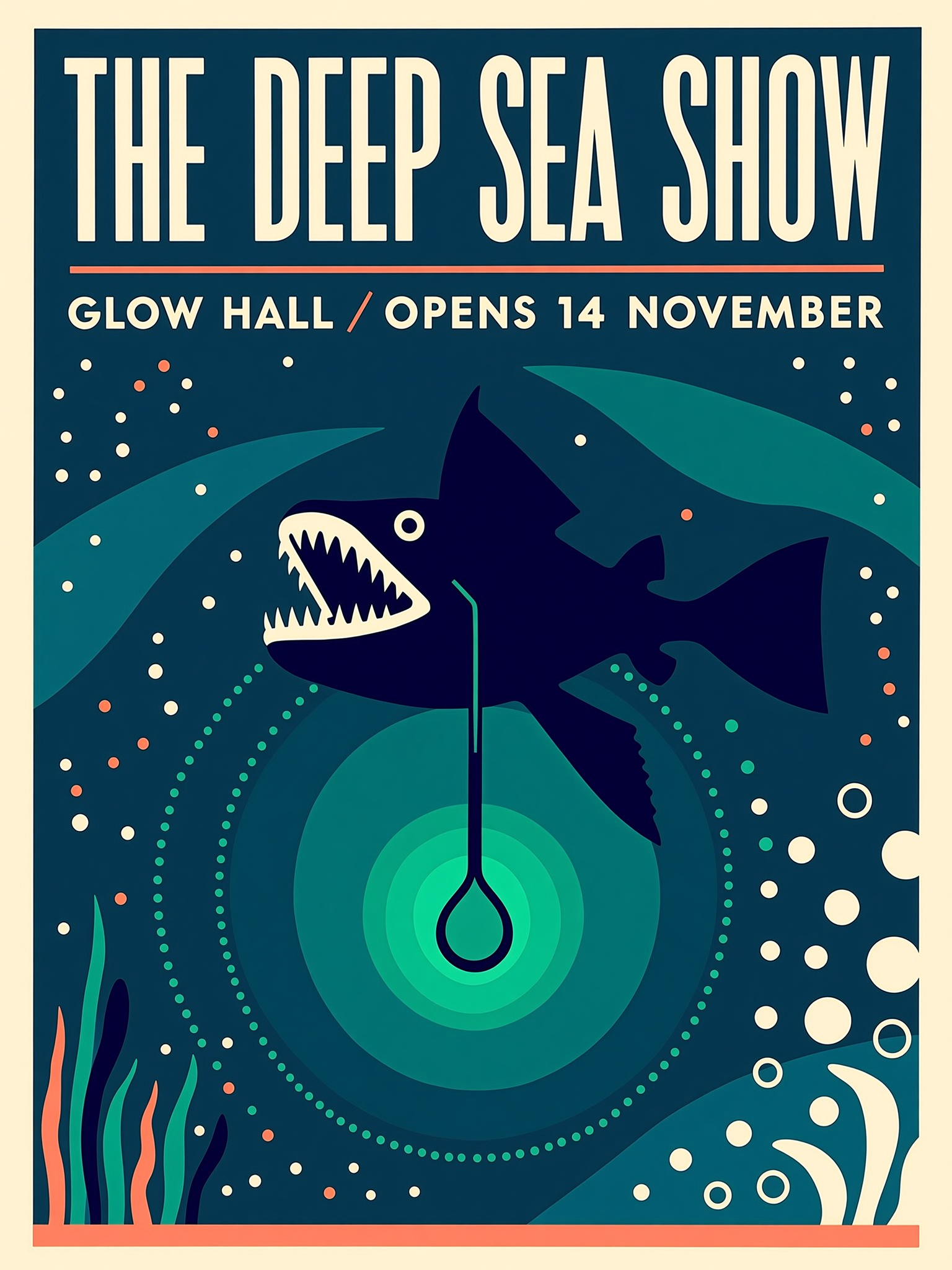 Screen printed poster reading THE DEEP SEA SHOW with the line GLOW HALL / OPENS 14 NOVEMBER above a dark anglerfish and a glowing green lure in navy and teal water