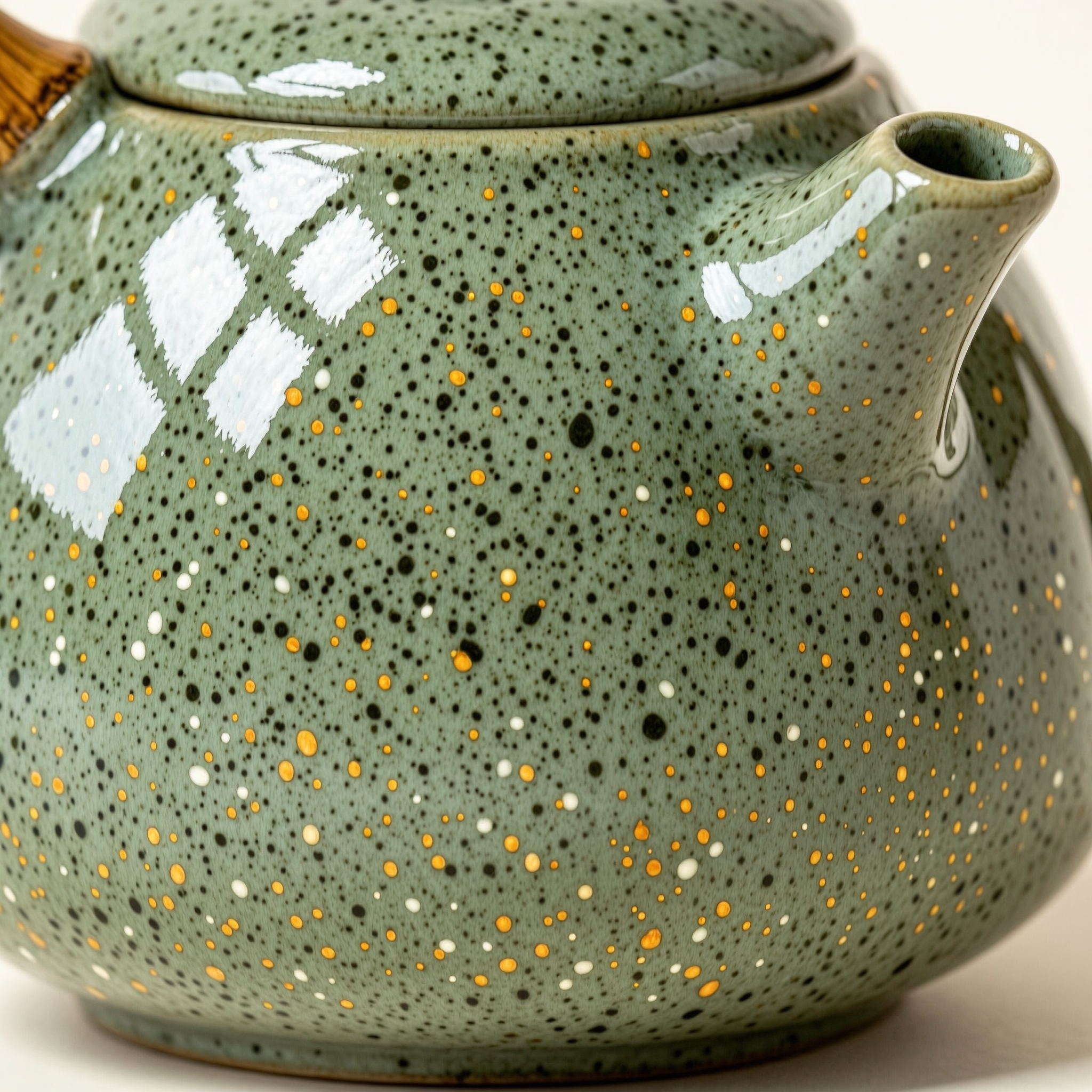 Macro close up of the same teapot showing glossy sage glaze with black and gold speckles and the spout