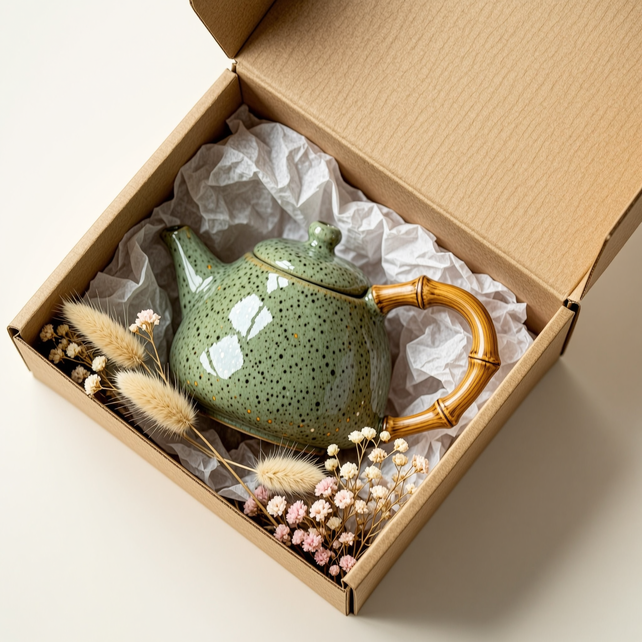 The same sage green teapot with its bamboo handle nested in tissue paper inside a kraft gift box with dried flowers