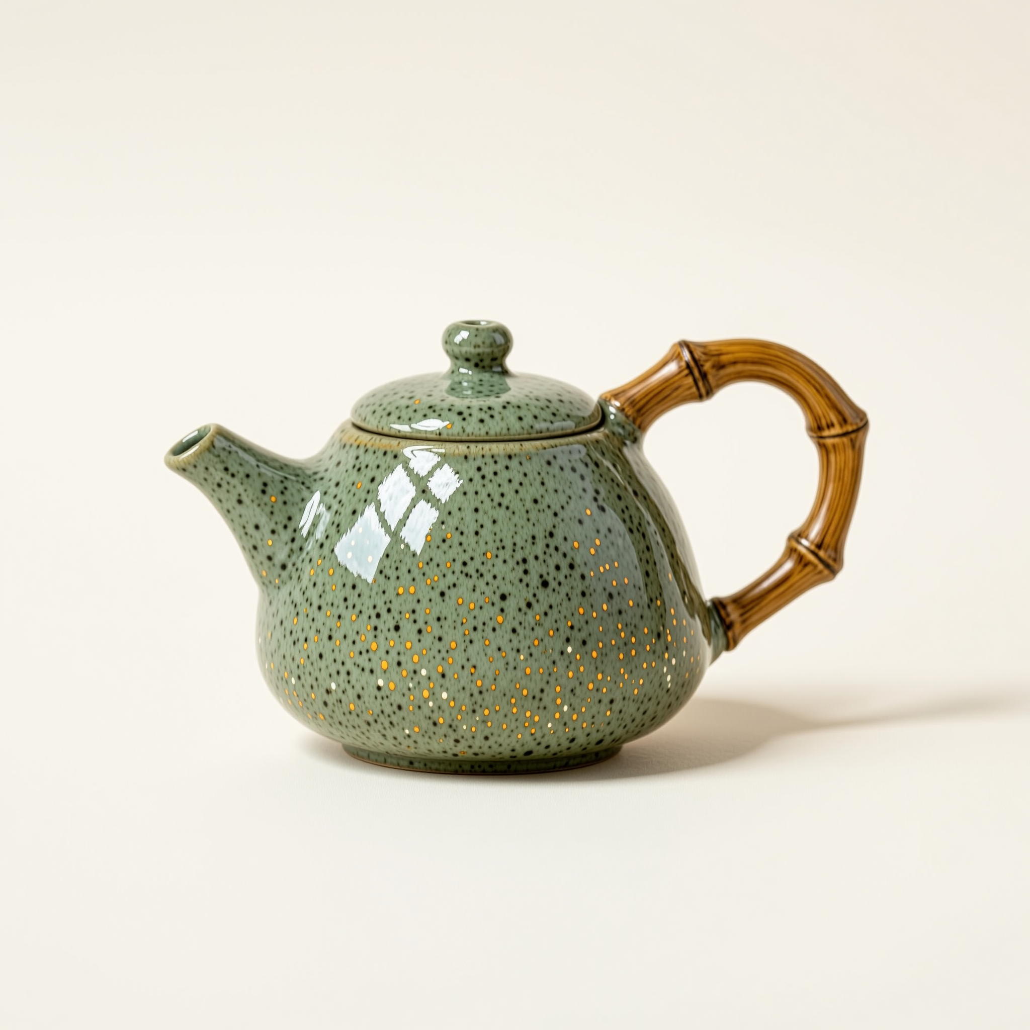 Speckled sage green ceramic teapot with a curved bamboo handle alone on a plain warm white background