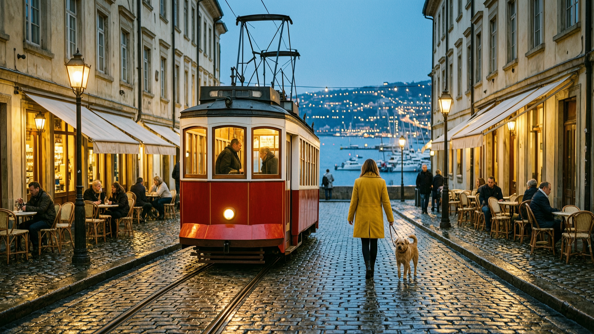 Red vintage tram on wet cobblestones at blue hour between glowing cafes, a woman in a yellow coat walking a small dog beside it and harbor lights at the end of the street