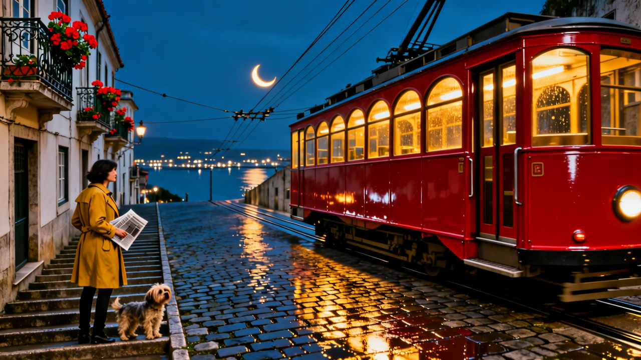 Close side view of a red tram with lit arched windows on a rain soaked cobblestone street at night, a woman in a yellow coat with a small dog on the steps and a crescent moon over the harbor