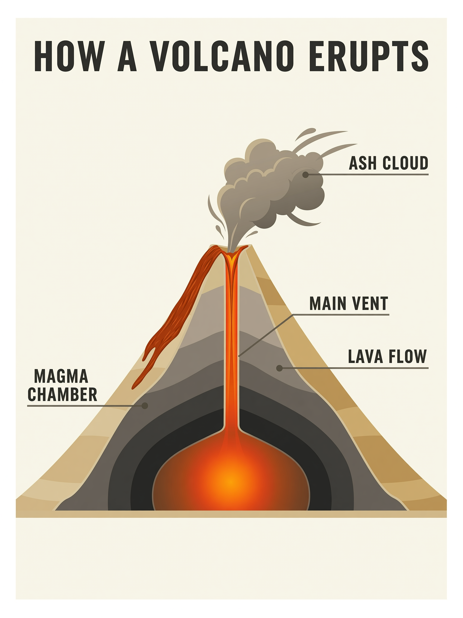 Diagram titled HOW A VOLCANO ERUPTS: a cutaway cone with layered rock, a glowing magma chamber and an ash cloud, labeled MAGMA CHAMBER, MAIN VENT, ASH CLOUD and LAVA FLOW