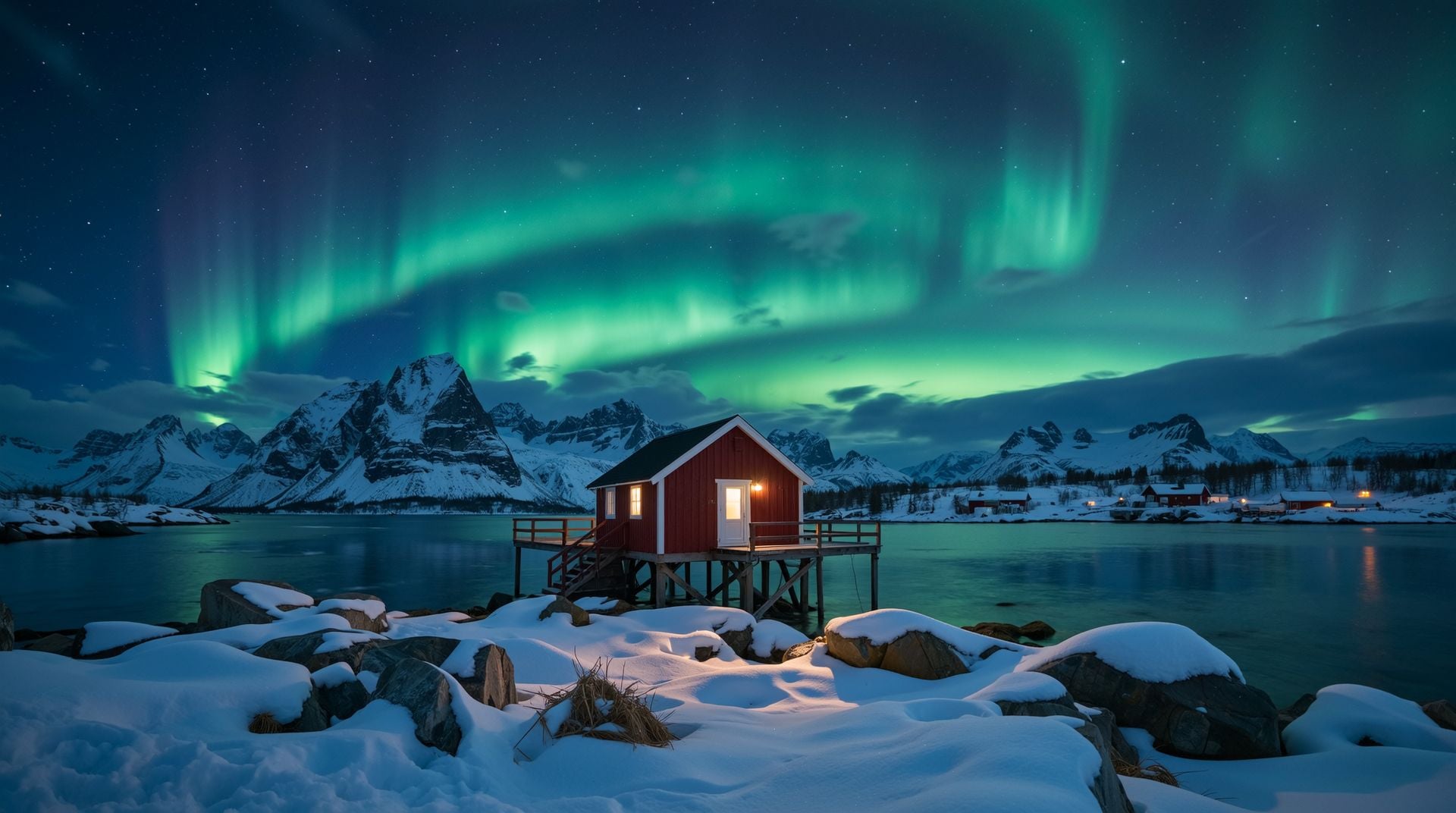Red wooden fishing cabin on stilts at the edge of a fjord under swirling green northern lights, jagged snowy peaks behind and snow covered rocks in the foreground