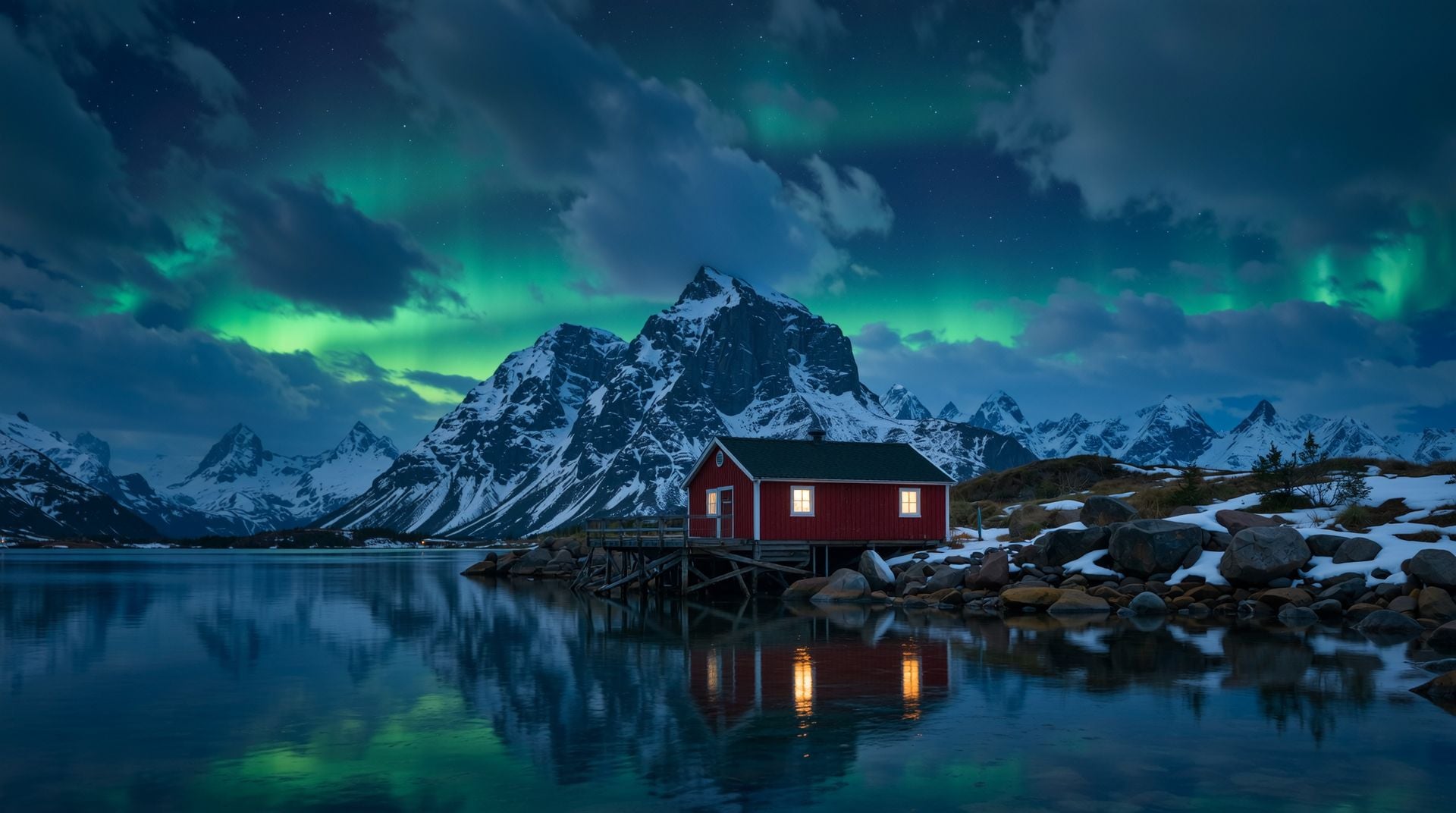 Red fishing cabin on stilts at the edge of a still fjord with two lit windows reflected in the water, a jagged snowy peak behind and green aurora glowing through dark clouds
