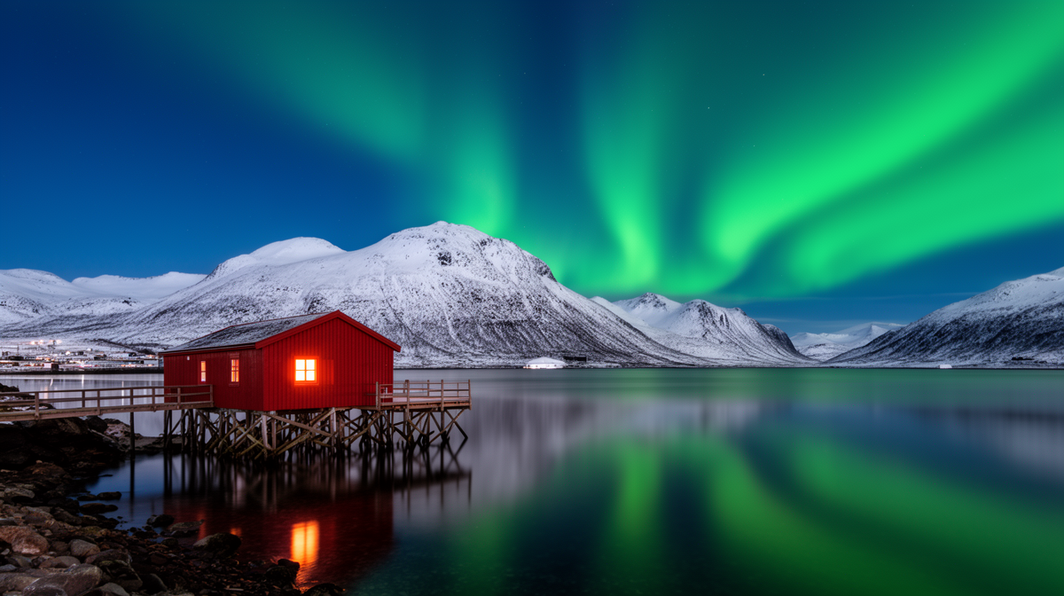 Red cabin on stilts at the shore of a calm fjord under bright green aurora ribbons in a clear sky, snowy mountains behind and the aurora reflected in the water