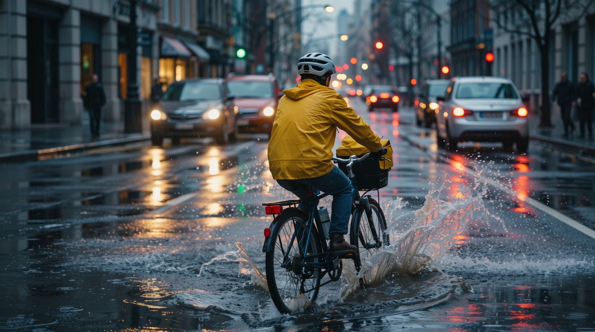 Bike courier in a yellow rain jacket and white helmet riding through a deep puddle on a city street at dusk, spray flying from the wheels and red tail lights blurred ahead