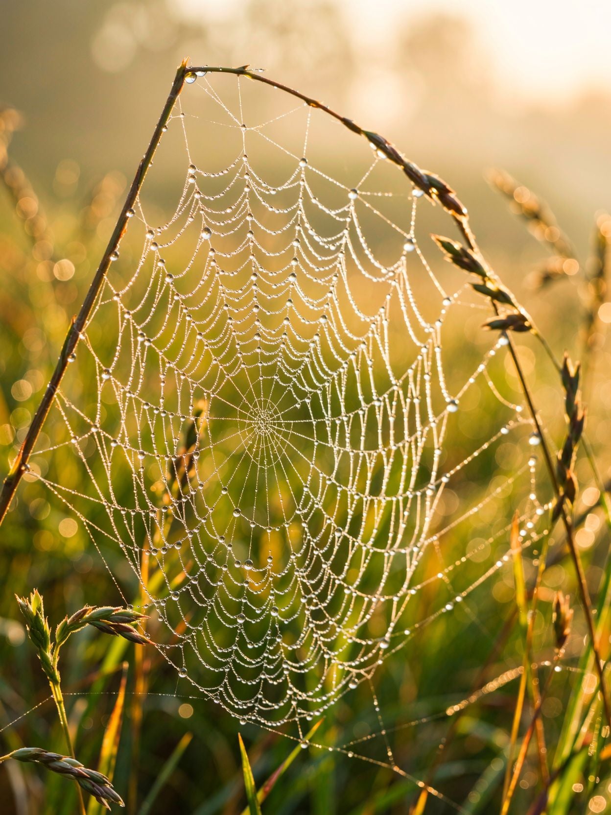 Spider web strung between wild grass stems at sunrise, beaded with hundreds of dew drops glowing gold against a soft green and amber blur