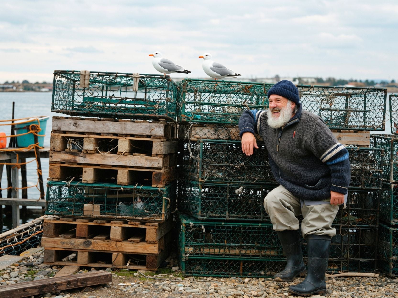 Older fisherman with a white beard and a navy knit cap laughing as he leans on a stack of lobster traps on a harbor wall, two gulls perched on the traps and grey water behind