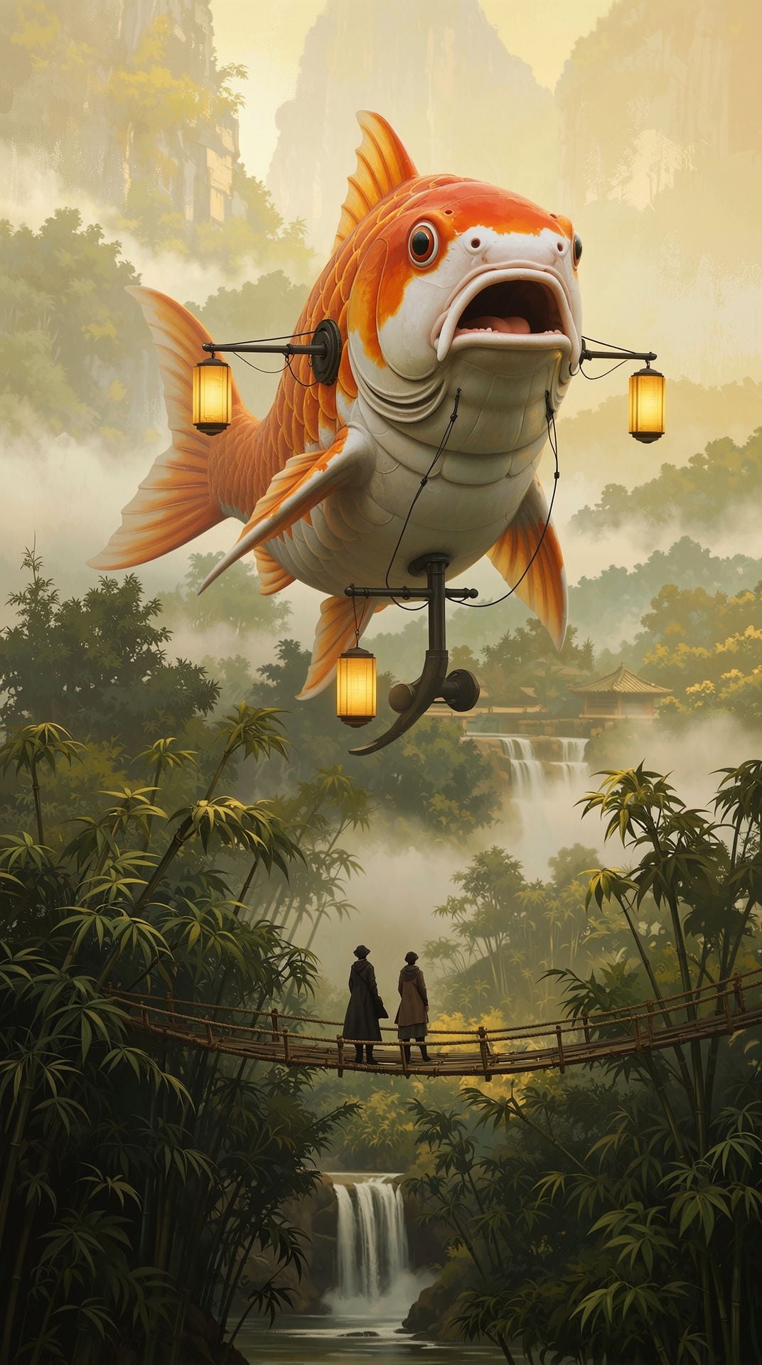 Painting of a giant orange and white koi fish airship with hanging lanterns floating over a misty bamboo valley, two travelers in long coats on a rope bridge below and a waterfall