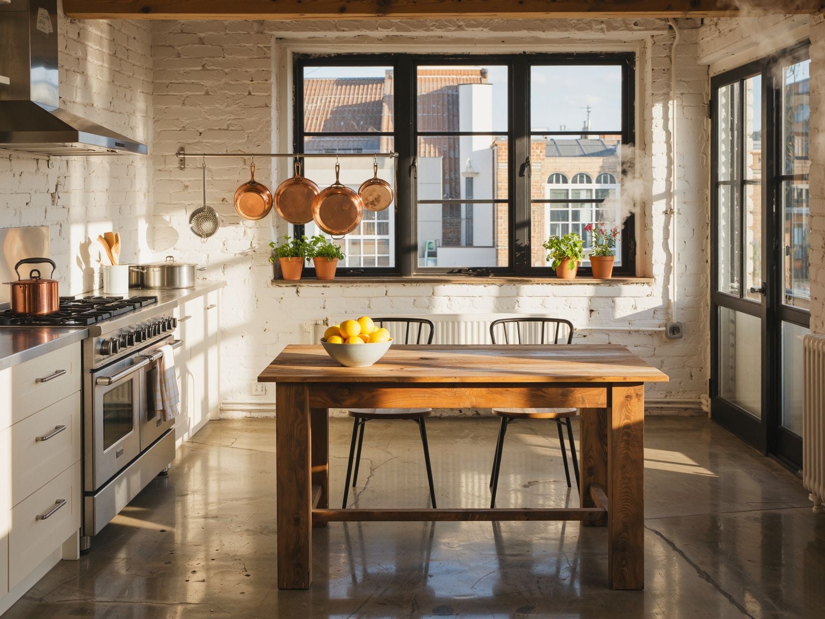 Sunlit loft kitchen with whitewashed brick walls, copper pans hanging on a rail in front of a black steel framed window, potted herbs on the sill and a wooden table with a bowl of lemons on a polished concrete floor