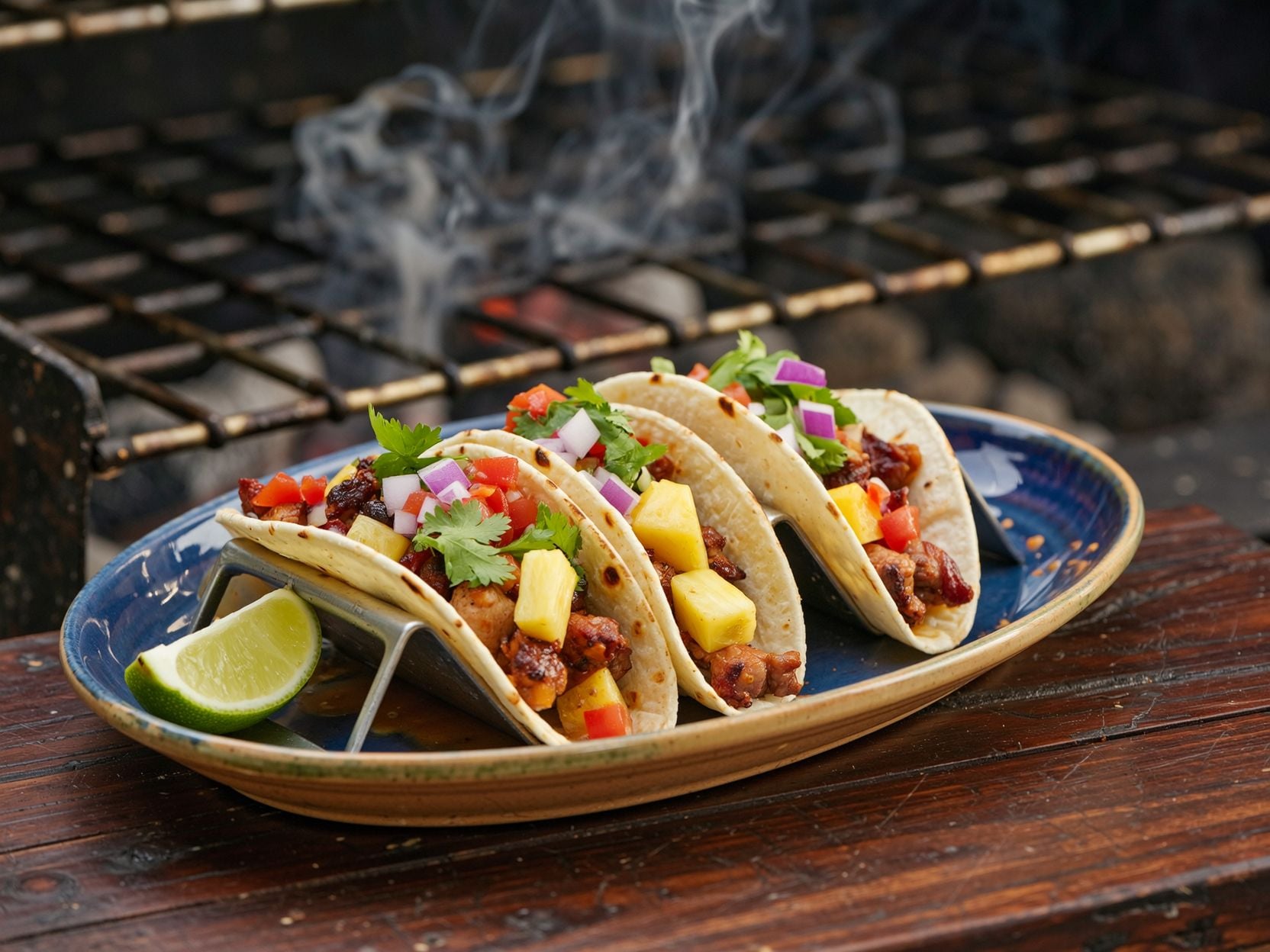 Three al pastor tacos with pineapple, red onion, tomato and cilantro in a metal holder on a blue plate with a lime wedge, smoke rising from a charcoal grill behind