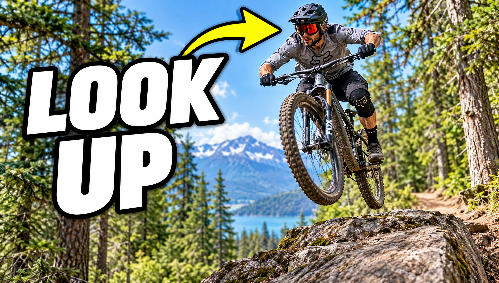 Step 4, GPT Image 2.5: a thumbnail with LOOK UP in thick white letters and a yellow arrow pointing at a rider in mid air