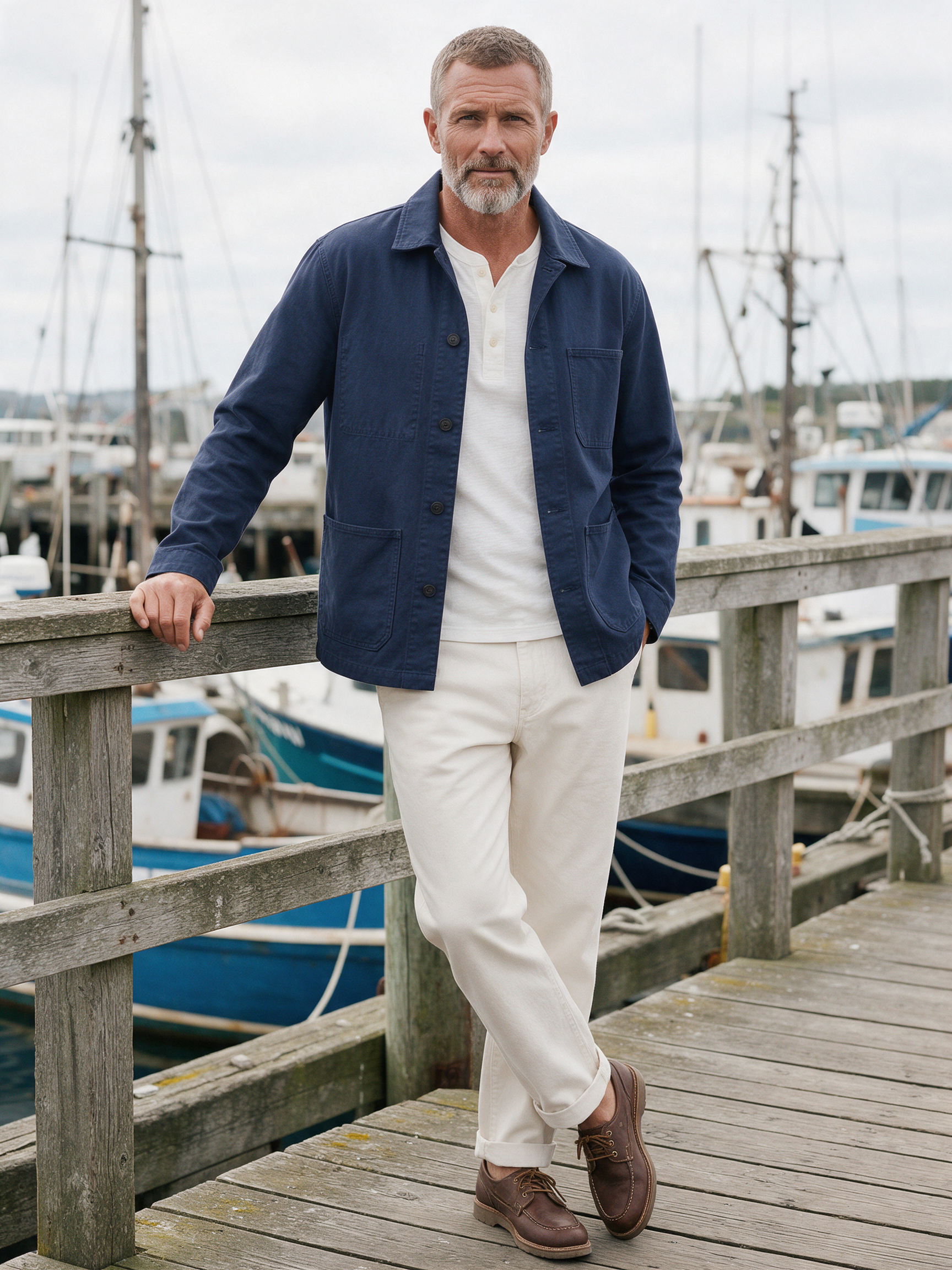 A man in his fifties with a grey beard in a navy chore coat and off white trousers leans on a harbor pier rail
