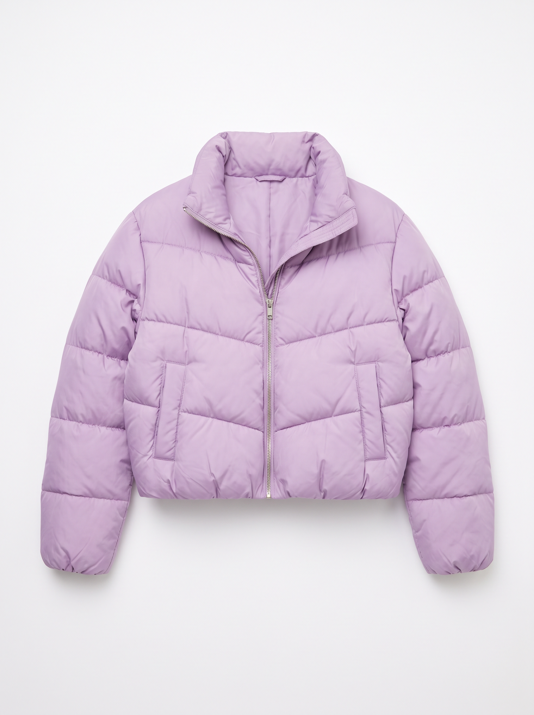 Step 1, Nano Banana 2.1: a cropped lilac quilted puffer jacket with a silver zip laid flat on white