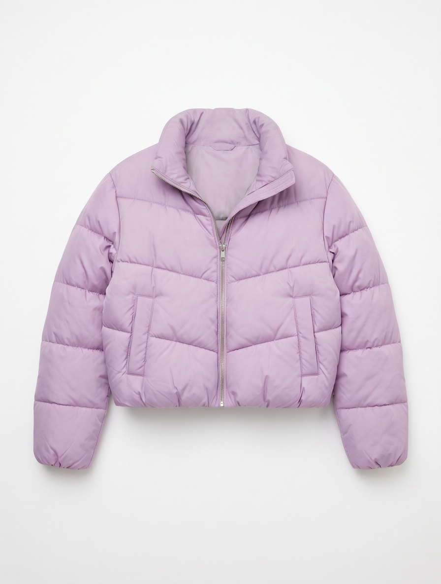 The lilac puffer jacket filled out on an invisible form with the inside of the collar showing