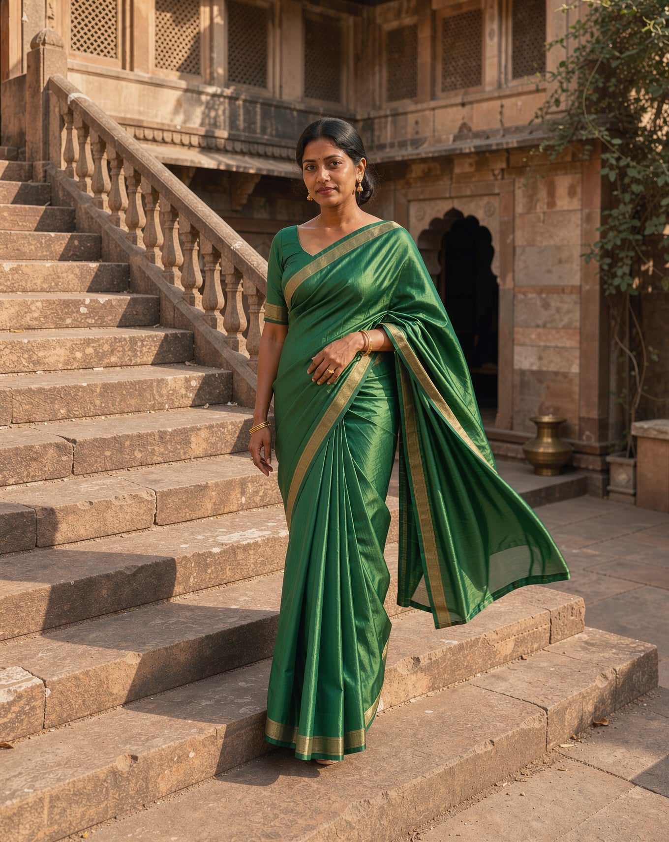 A woman in her thirties in an emerald silk saree with a gold border on a sandstone staircase
