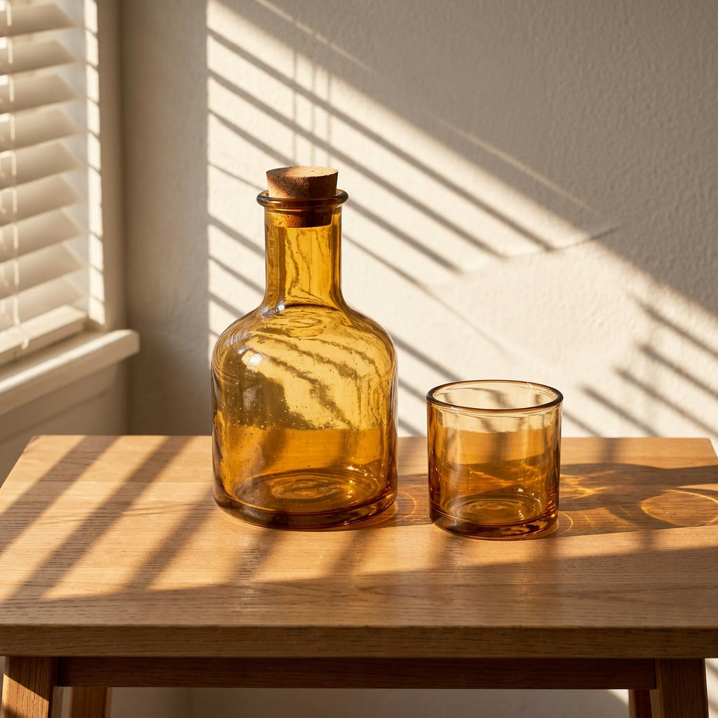 Step 2, Magic Lighting: the same carafe and tumbler with low golden sun through blinds striping the wall and table