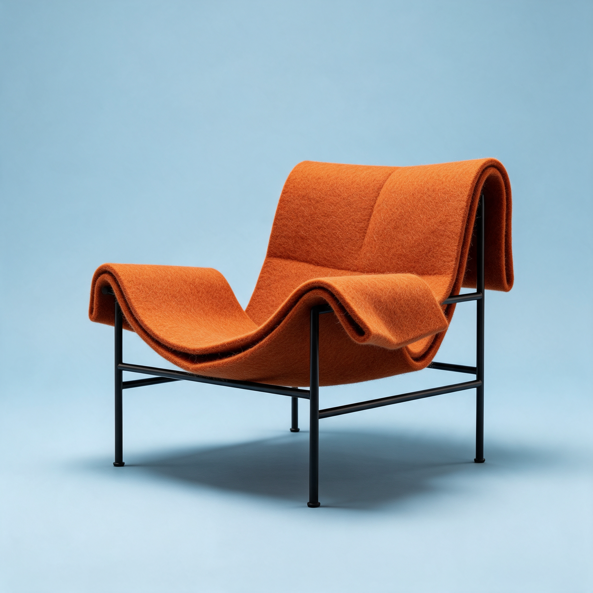 A lounge chair of folded burnt orange felt on a black steel frame against pale blue