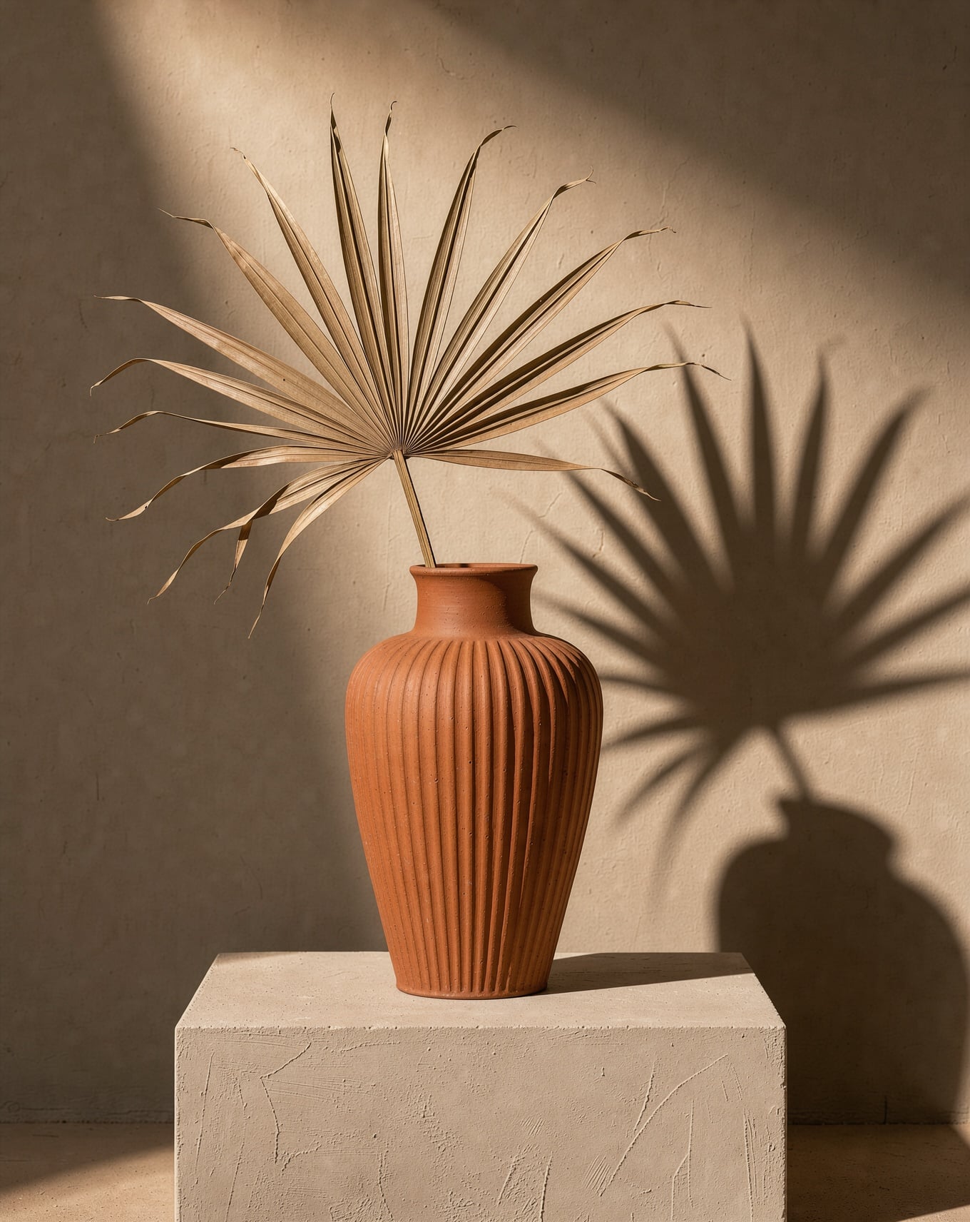 A tall ribbed terracotta vase with one dried palm leaf on a plaster plinth under a hard diagonal shadow