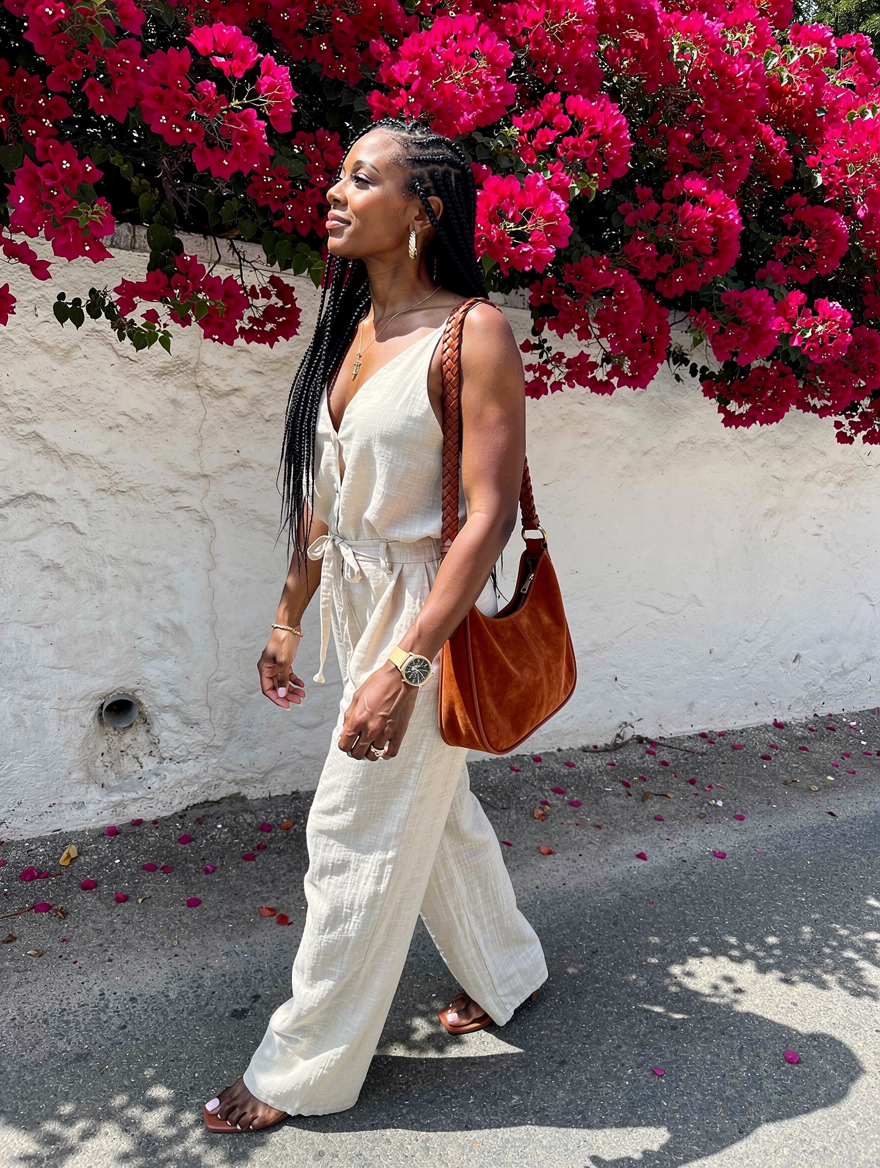 FLUX 2 Pro: the model in a sleeveless jumpsuit with the bag hanging low on a long braided strap