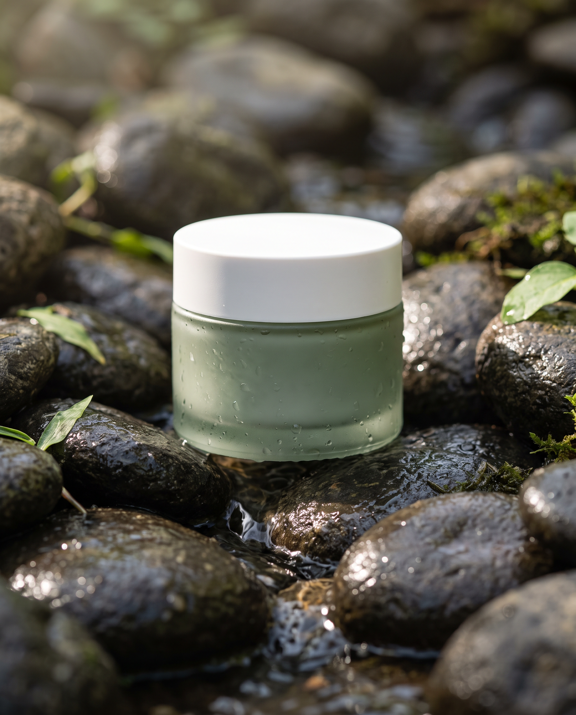 An unlabeled frosted green glass skincare jar on wet dark river stones with water flowing around it