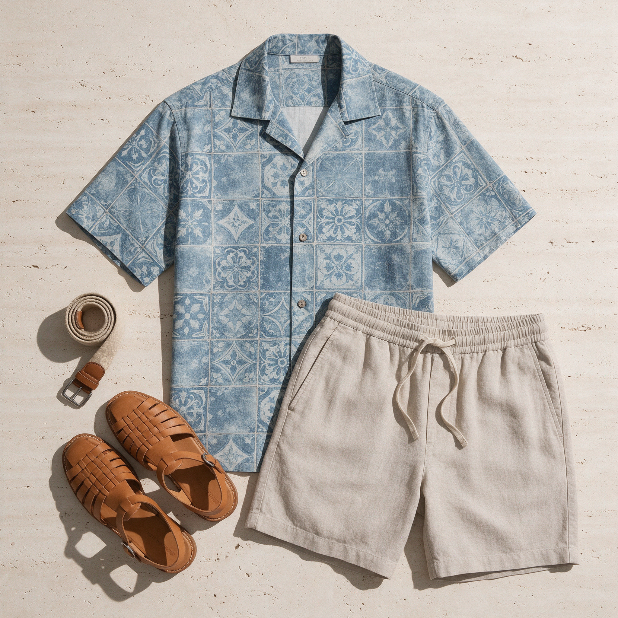 A blue tile print camp collar shirt, stone drawstring shorts, tan woven sandals and a canvas belt on travertine