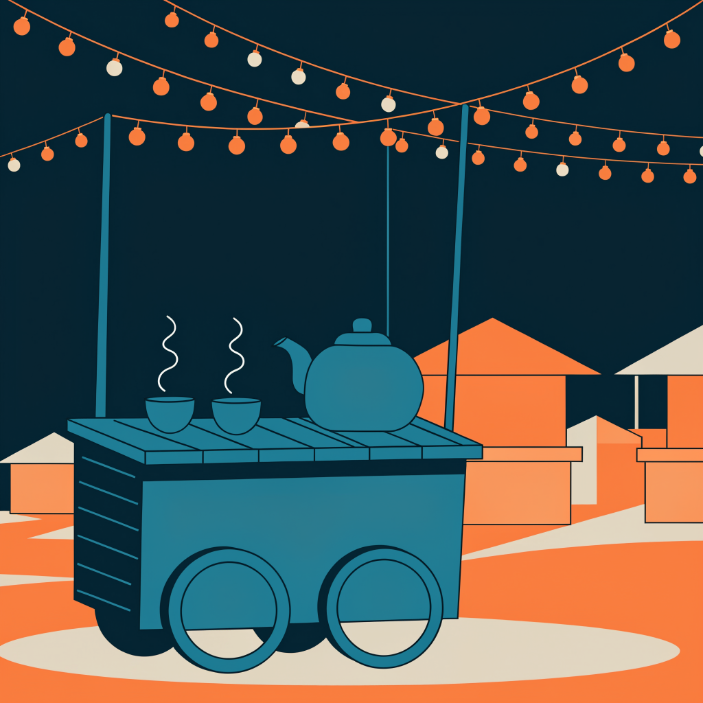 A flat vector illustration of a teal chai cart with a teapot and cups under orange string lights