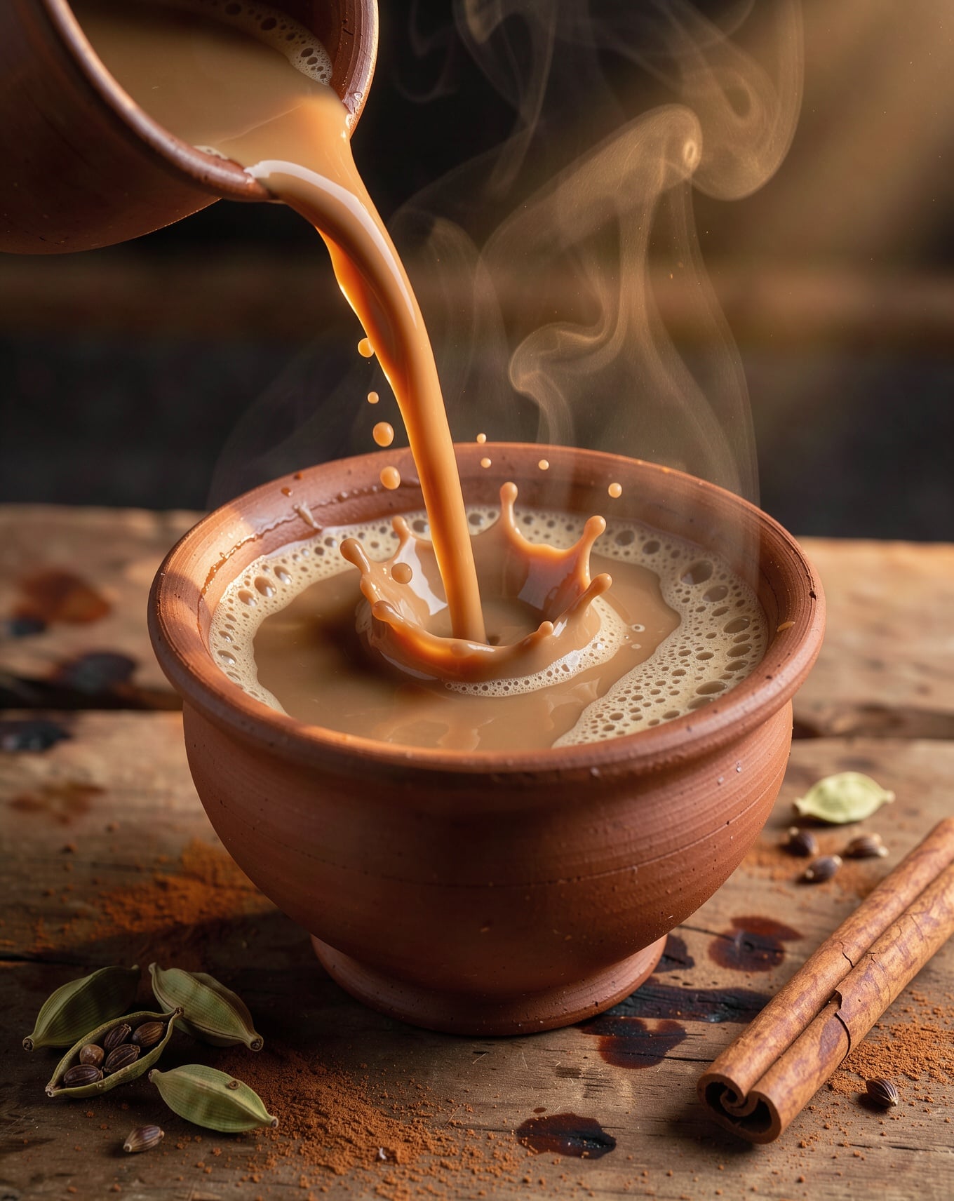 Milky chai pours from a height into a clay cup with cardamom pods and a cinnamon stick on rough wood