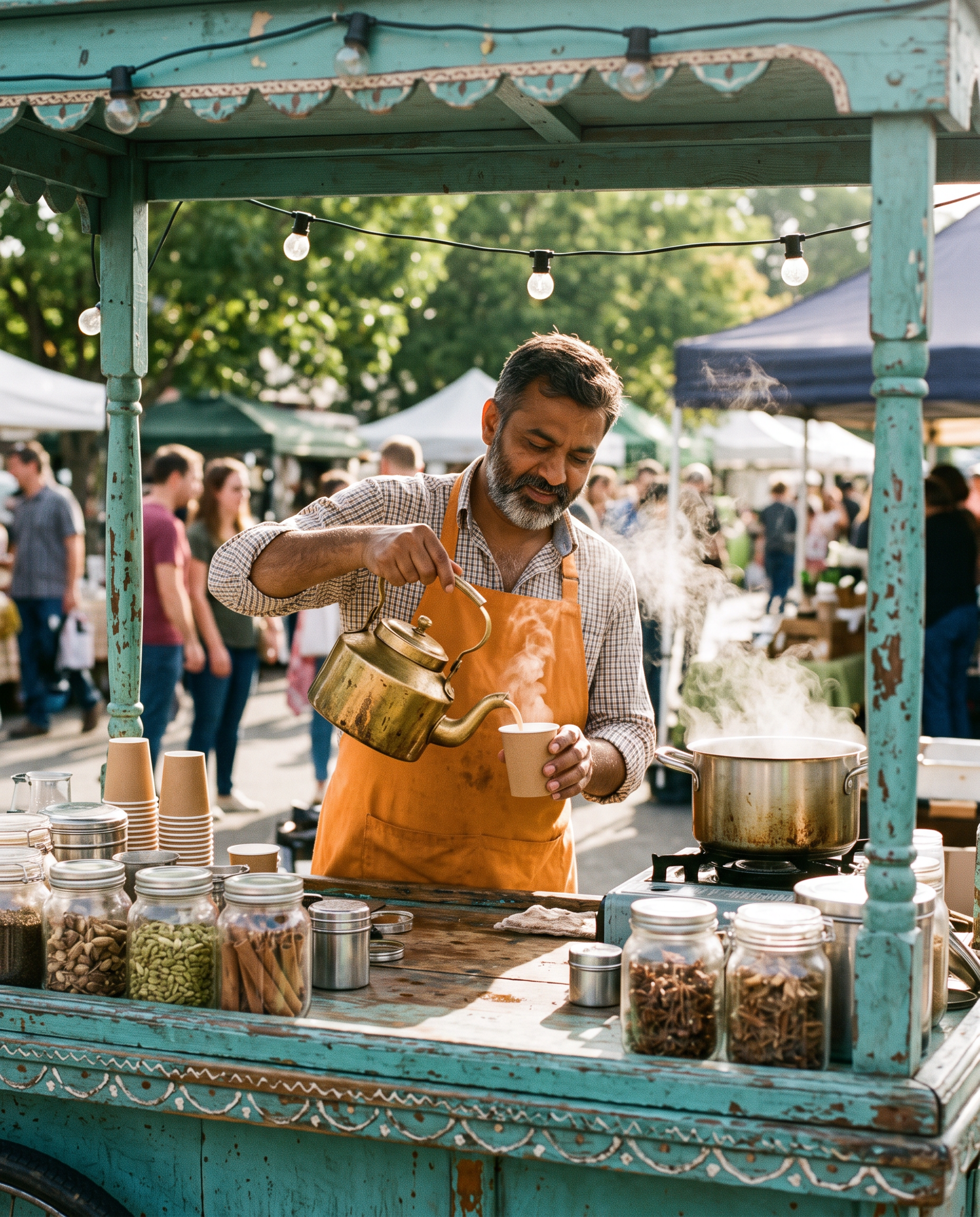Nano Banana 2.1 photo: a vendor in his forties in a saffron apron pours chai at a teal cart at a busy market