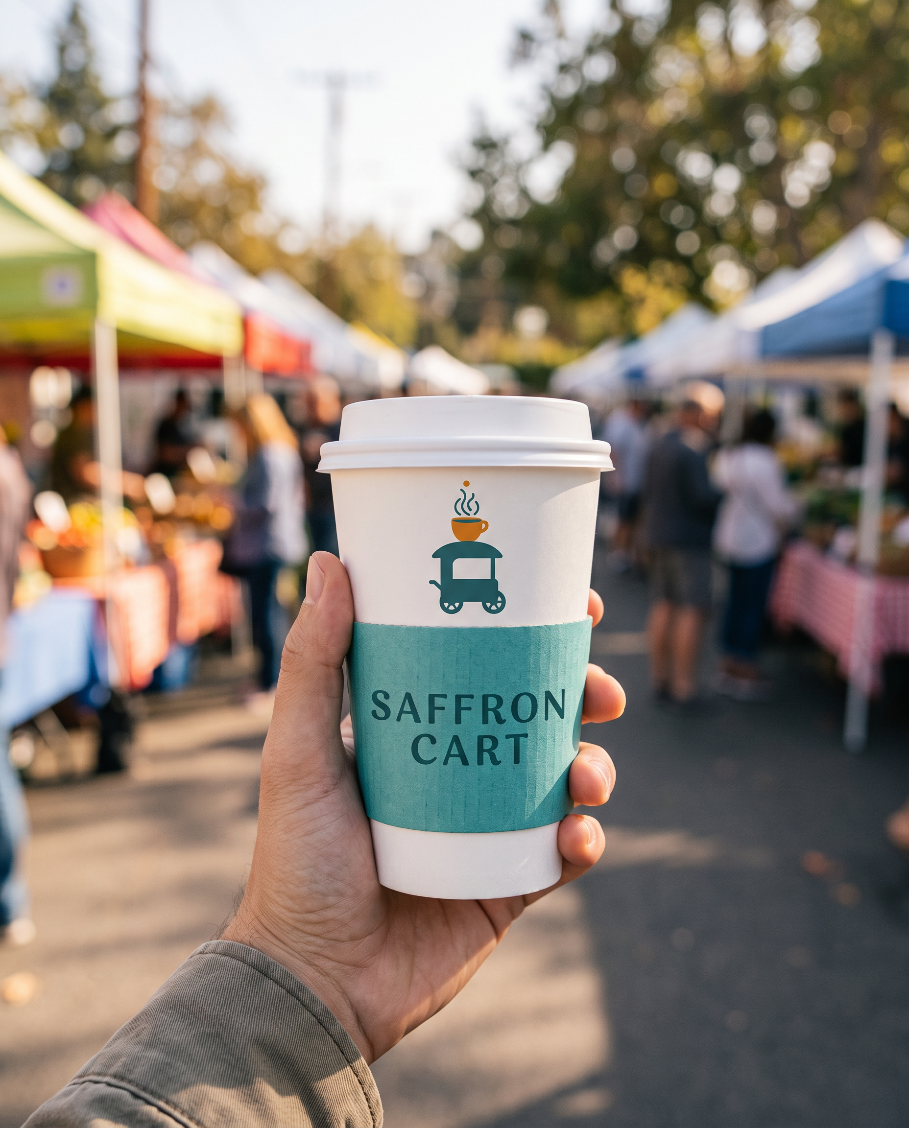 A white paper cup with a teal sleeve printed with the Saffron Cart logo, held up at a sunny market