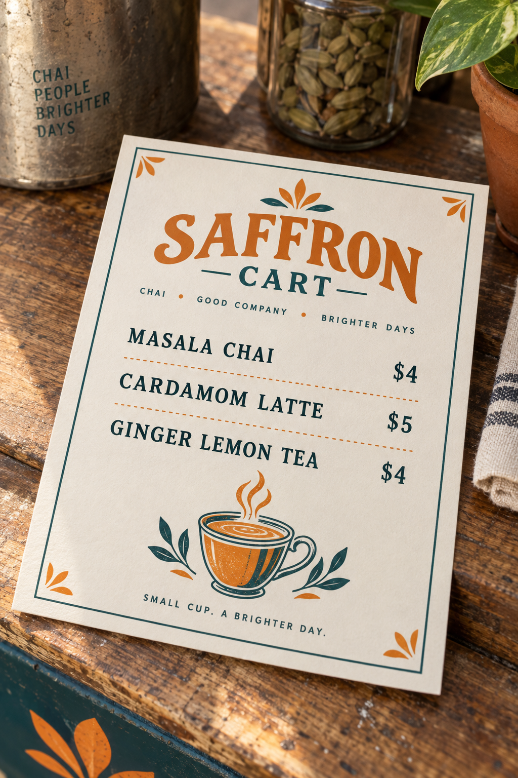 GPT Image 2.5 menu card for Saffron Cart with three drinks and prices on off white card