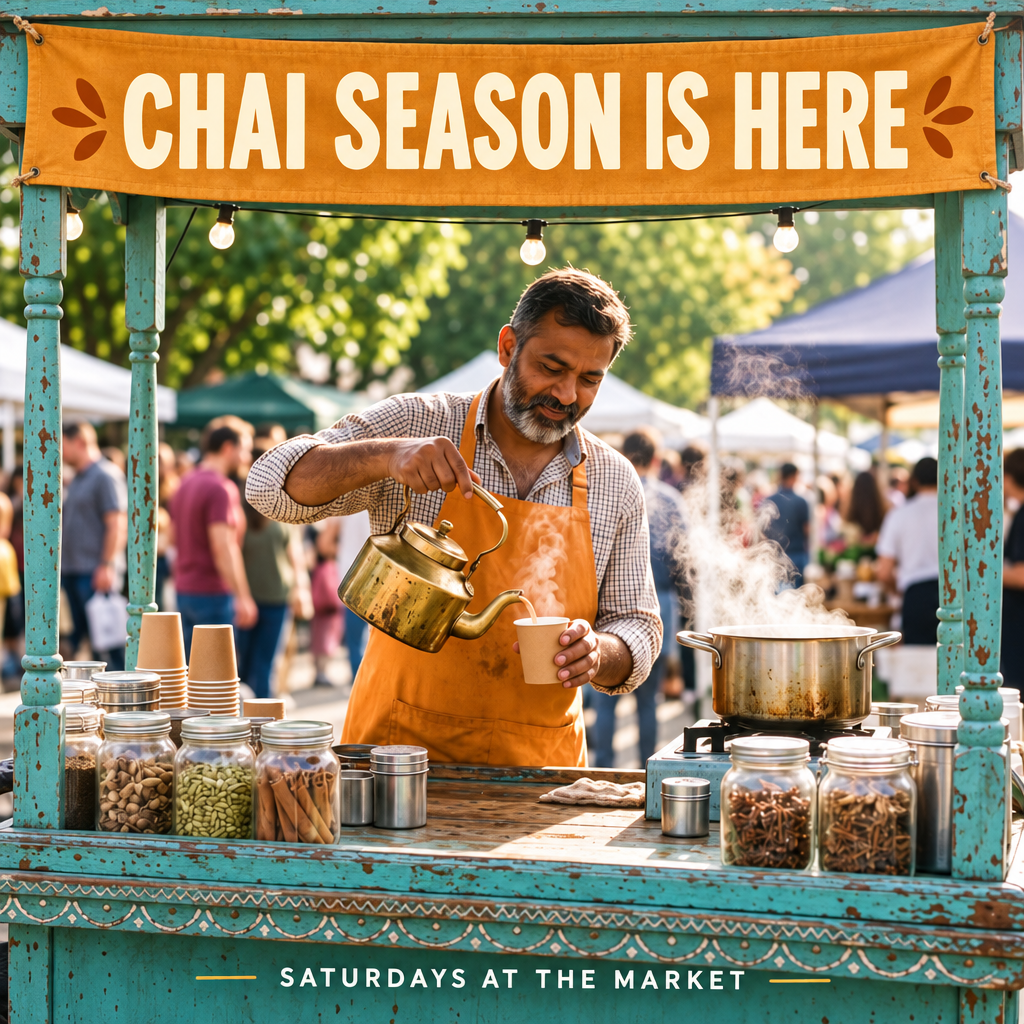 GPT Image 2.5 post: the same photo with a saffron banner reading CHAI SEASON IS HERE and SATURDAYS AT THE MARKET along the bottom