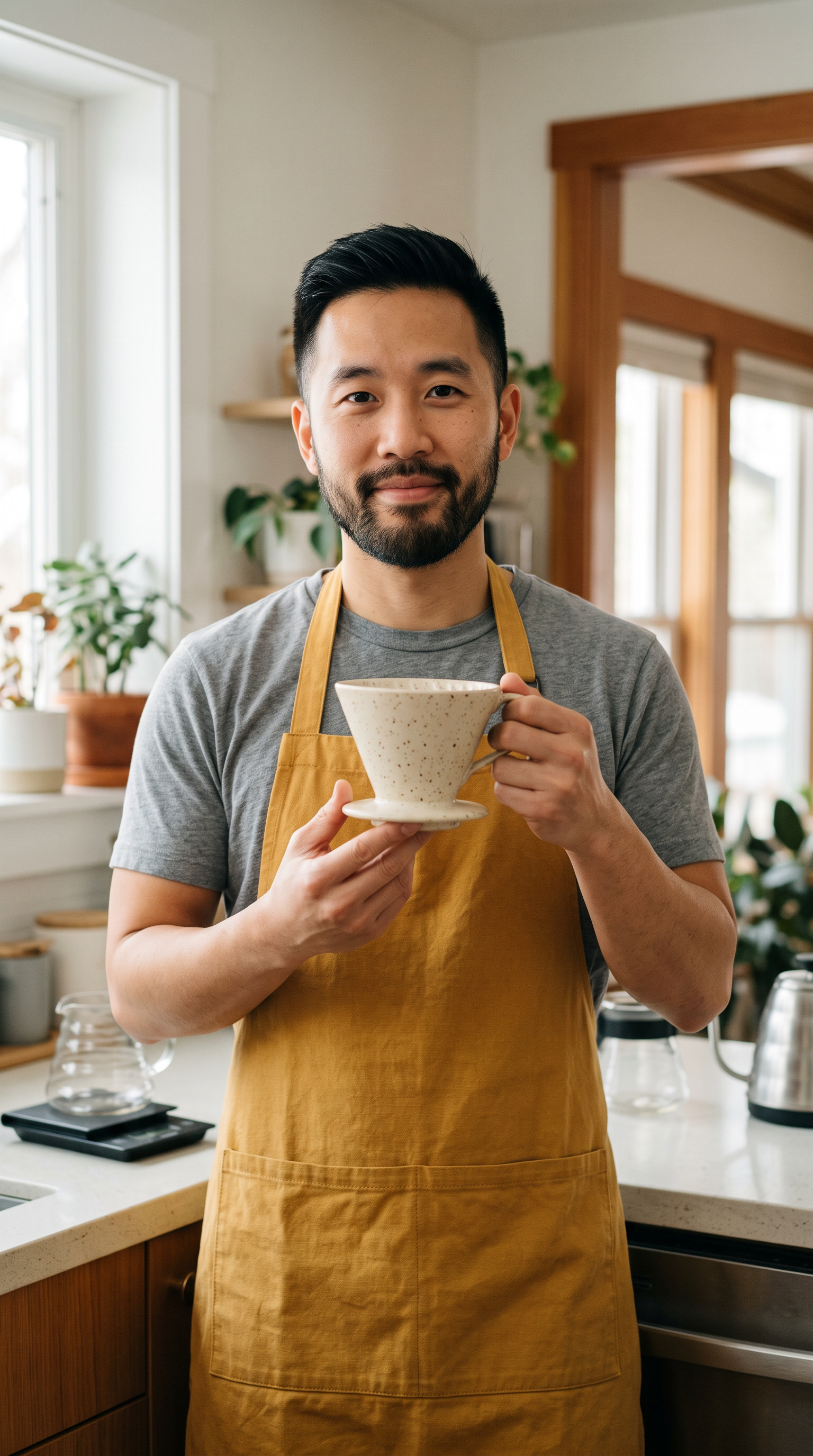 The presenter photo: a man in a mustard apron holds a cream ceramic dripper in a bright kitchen