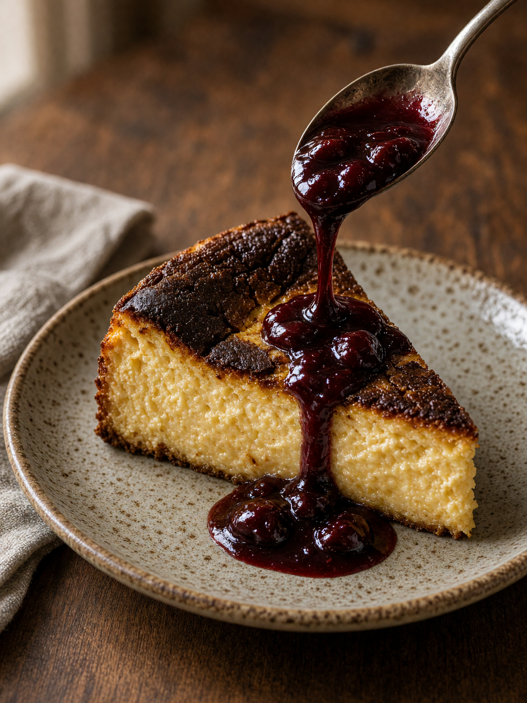 A slice of cake with a dark caramelized top on a speckled ceramic plate as a spoon pours a glossy ribbon of dark cherry sauce onto its middle, linen napkin and walnut table behind